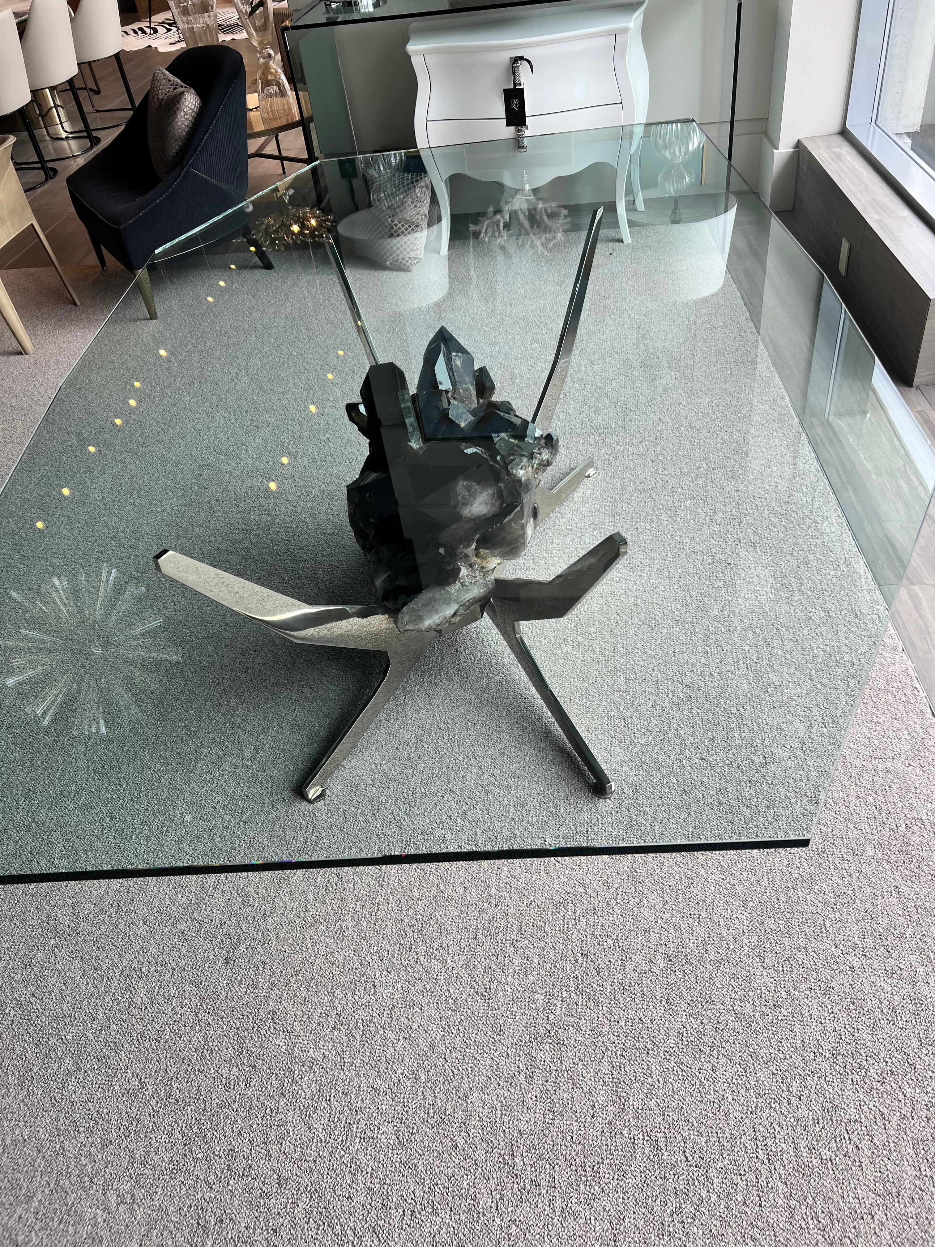 Smokey Quartz Dining Room Table By Giuliano Tincani (ITALY)Nickel with Glass Top For Sale 2