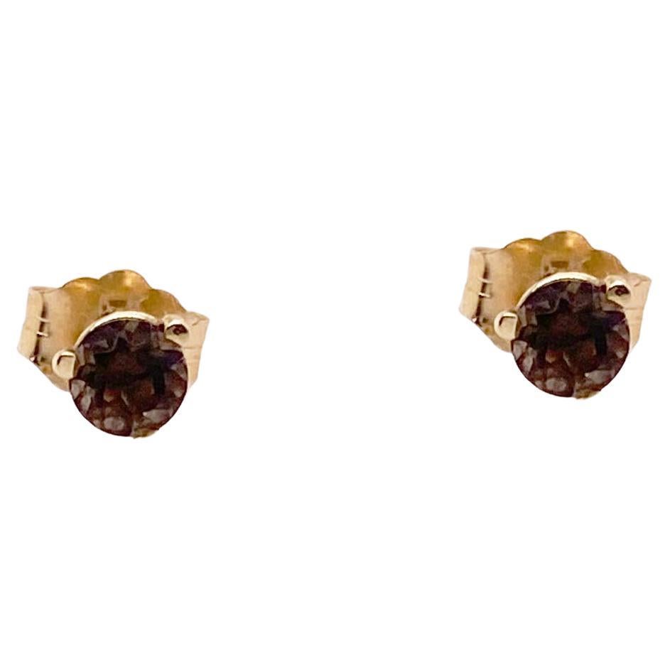 Smokey Quartz Earrings Stud Post w .22 Carat Total Weight 14k Yellow Gold For Sale