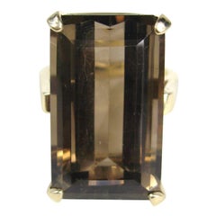 Smokey Quartz Emerald Cut 14 Karat Gold Ring 1960s 25 Carats