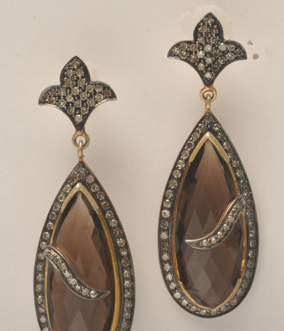 Pear Cut Smokey Quartz Faceted Earrings with Pave' Set Diamonds