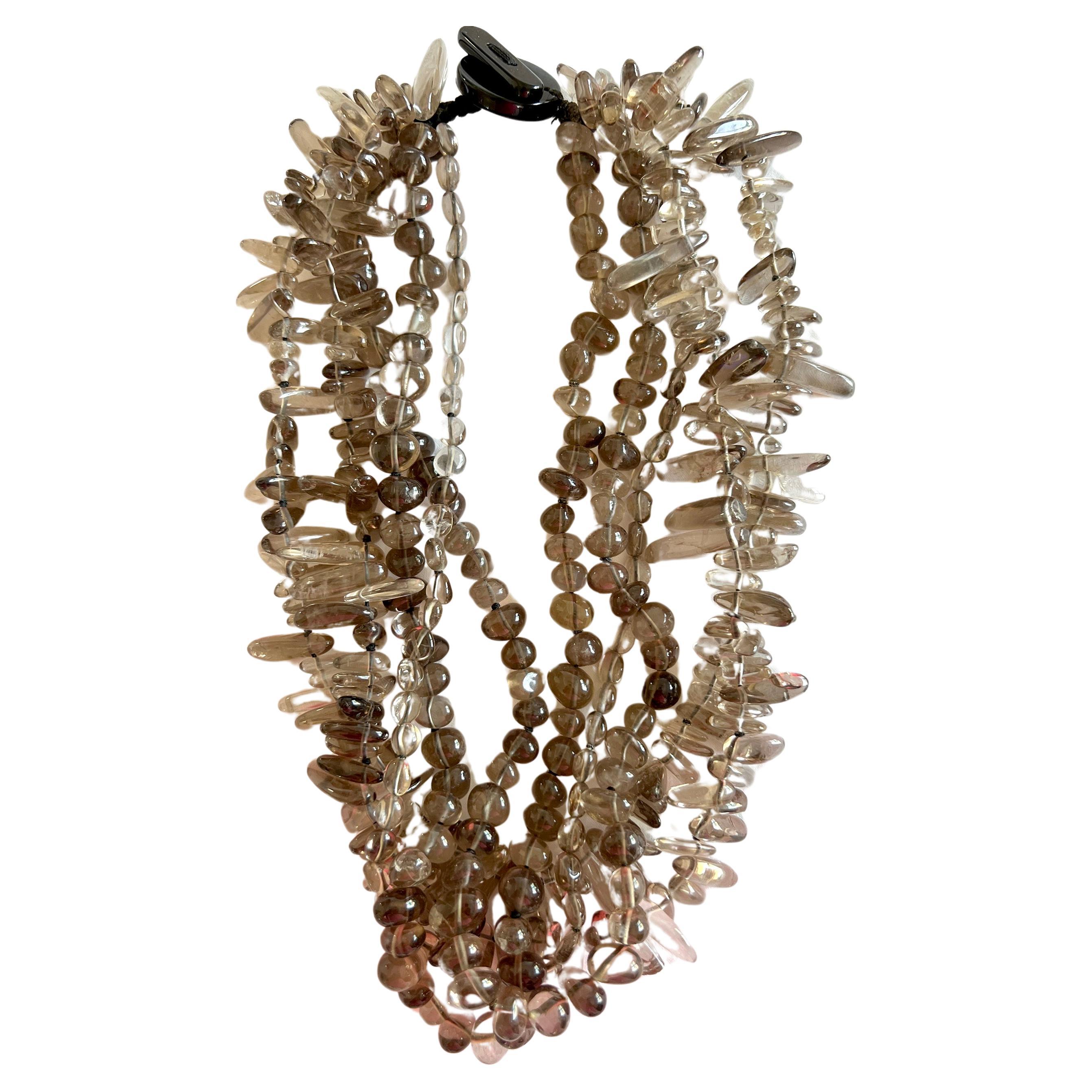 Tumbled Smokey Quartz Hand Strung Five Strand Necklace 1990s
