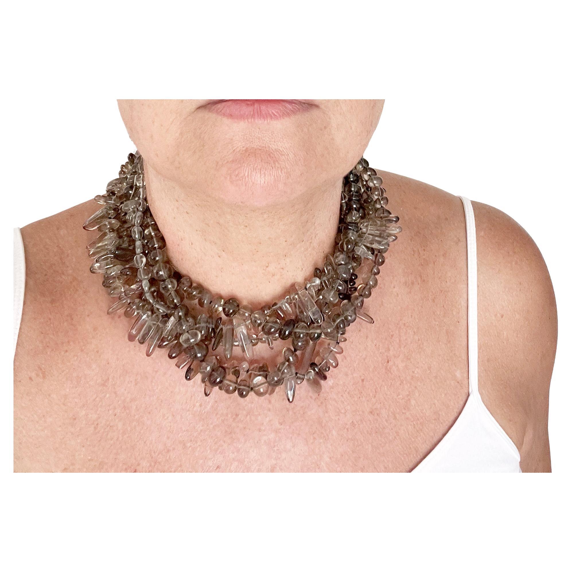 Smokey Quartz Hand Strung Five Strand Necklace 1990s In Good Condition In Palm Springs, CA