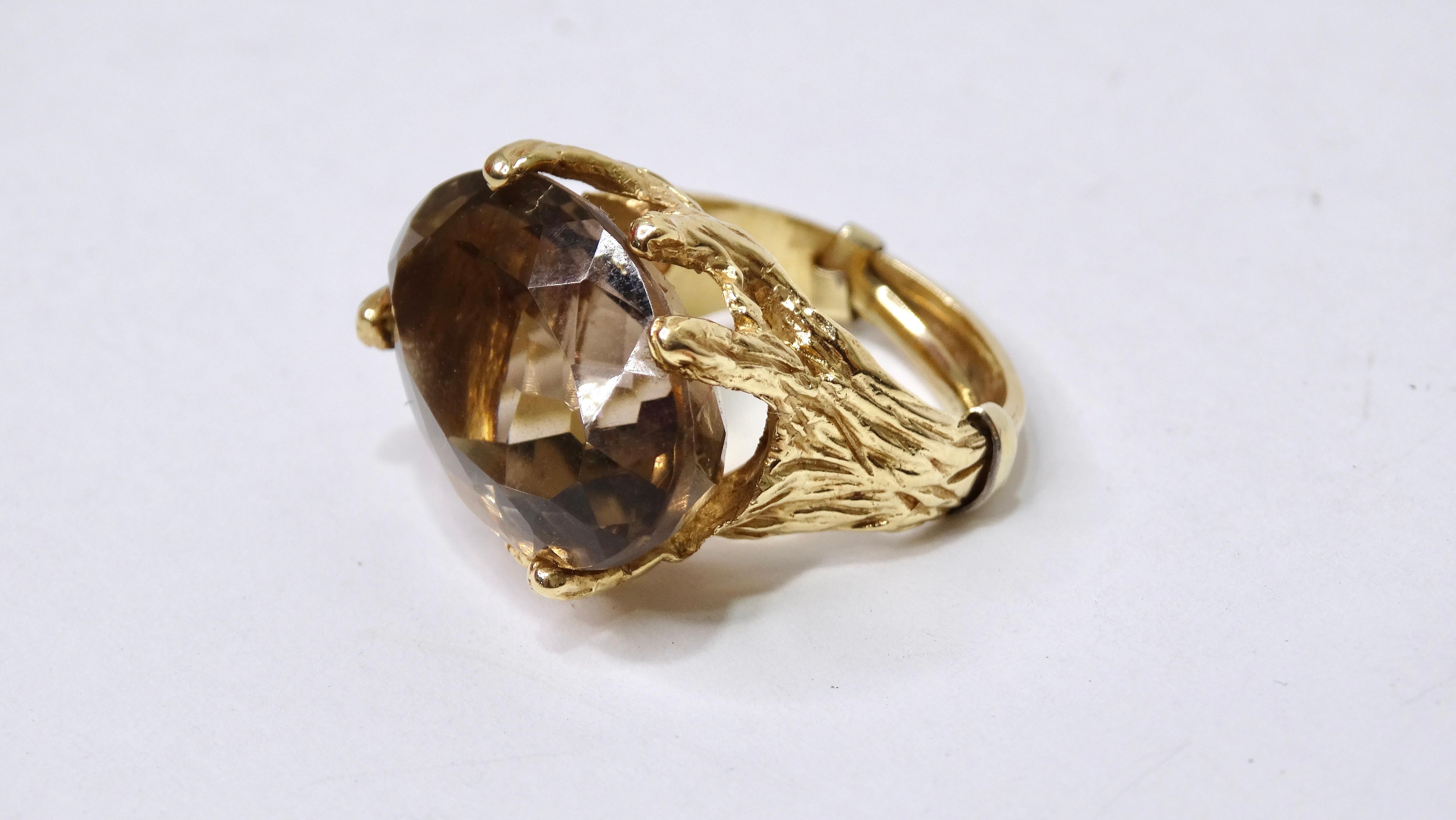 This impeccably designed ring can be yours today! Don't miss your chance to get your hands on this massive Smokey Quartz stone in an oval cut. This will be your new favorite cocktail ring in your collection perfect for making a statement. Notice the
