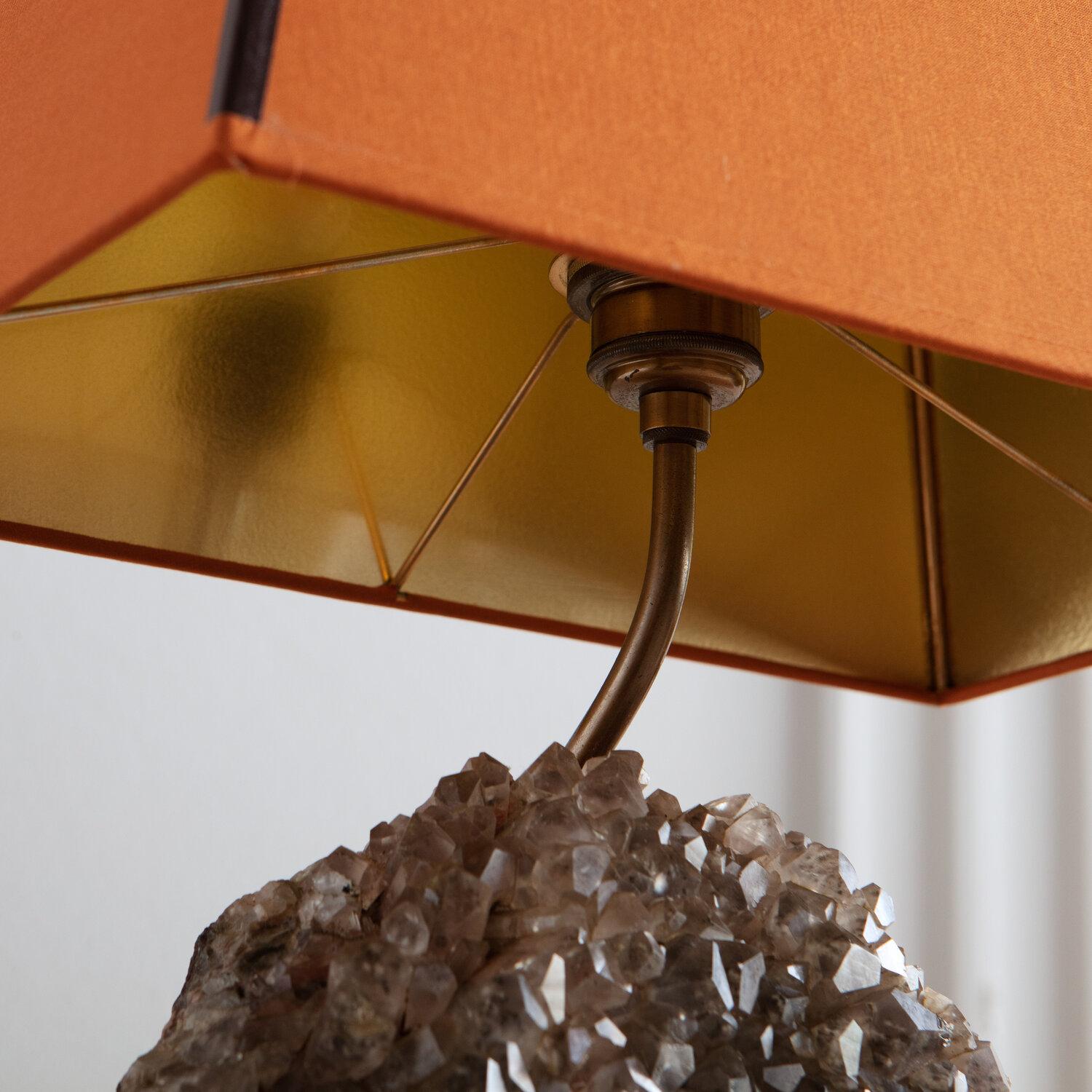 Smokey Quartz Specimen Table Lamp with Terracotta Lamp Shade In Excellent Condition In Chicago, IL