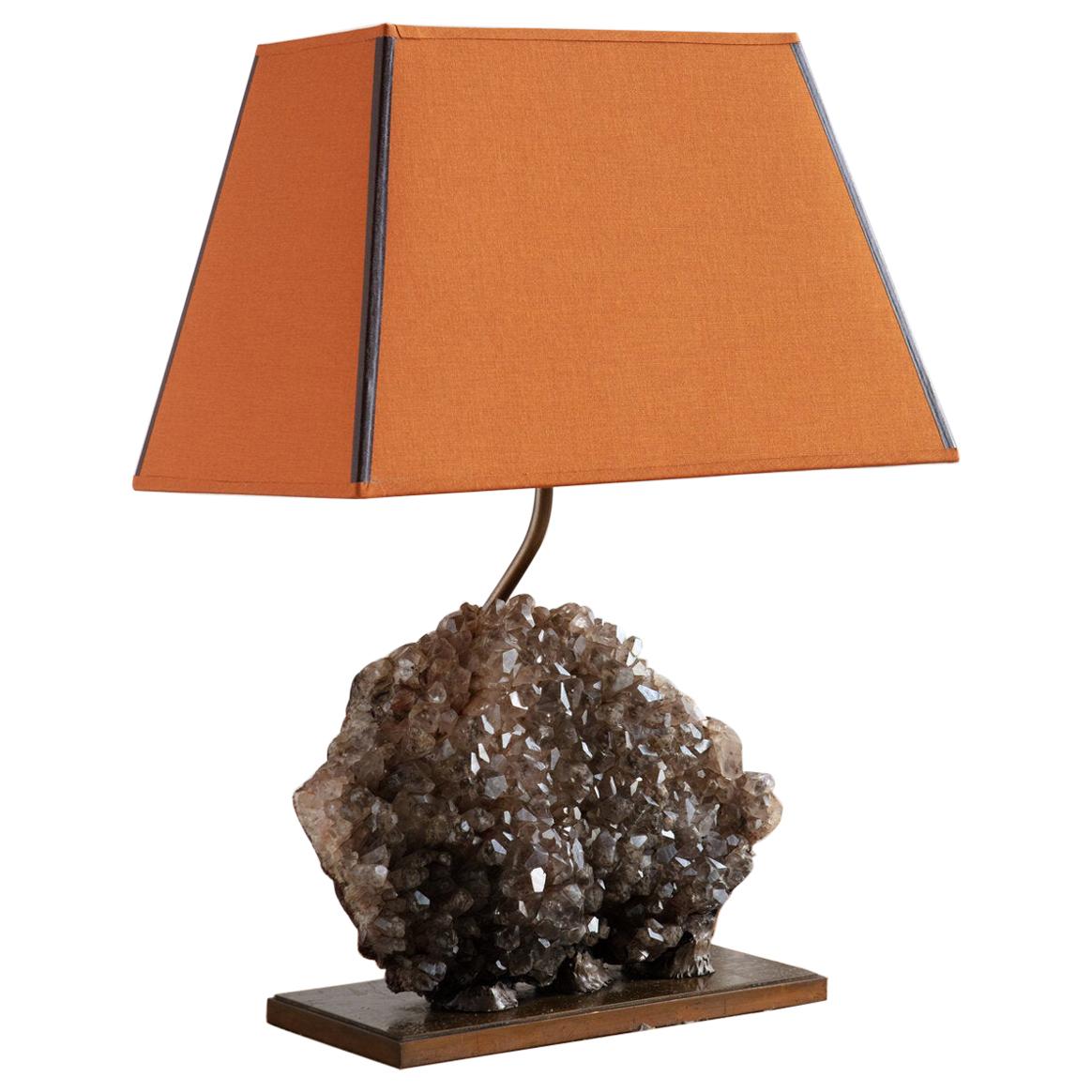 Smokey Quartz Specimen Table Lamp with Terracotta Lamp Shade