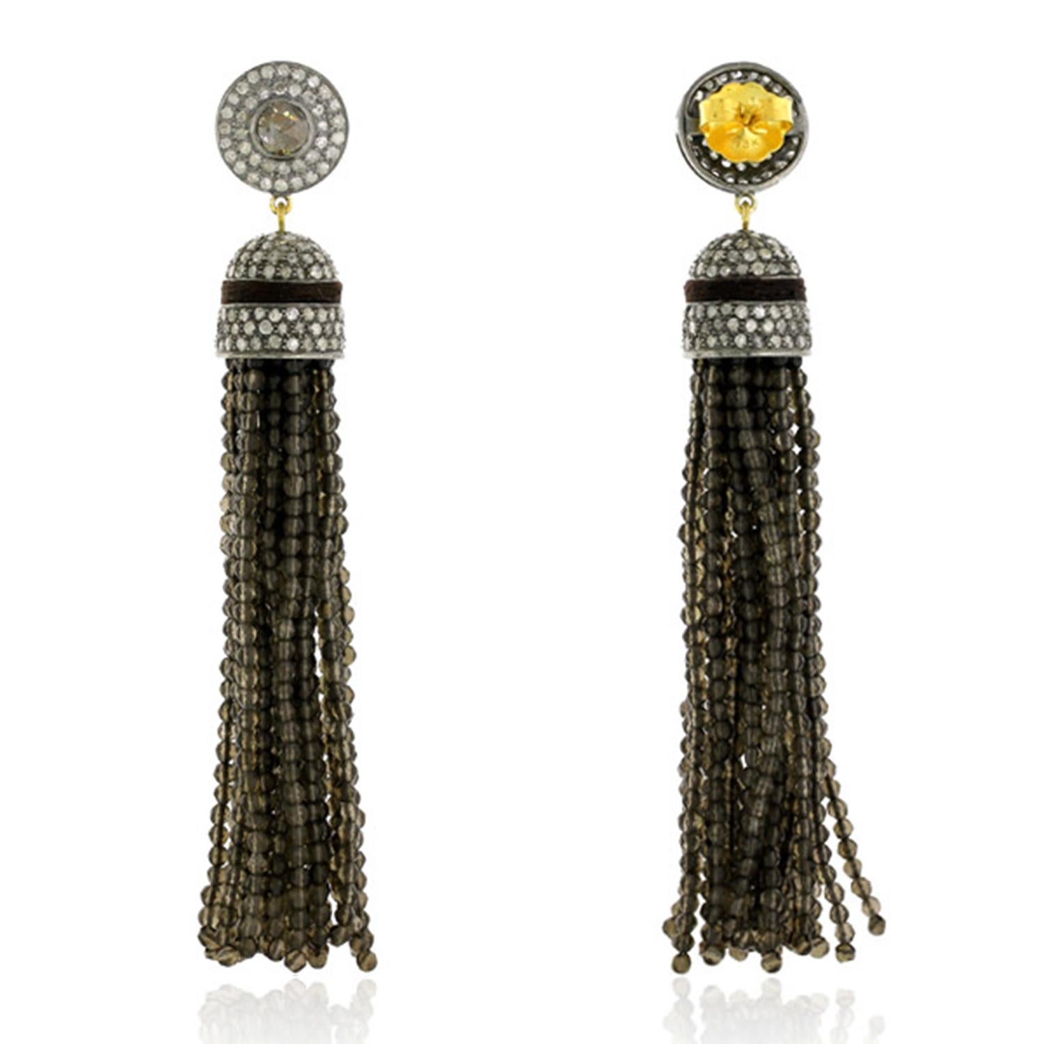 Art Deco Smokey Quartz Tassel Earrings With Diamonds Made In 18k Yellow Gold For Sale