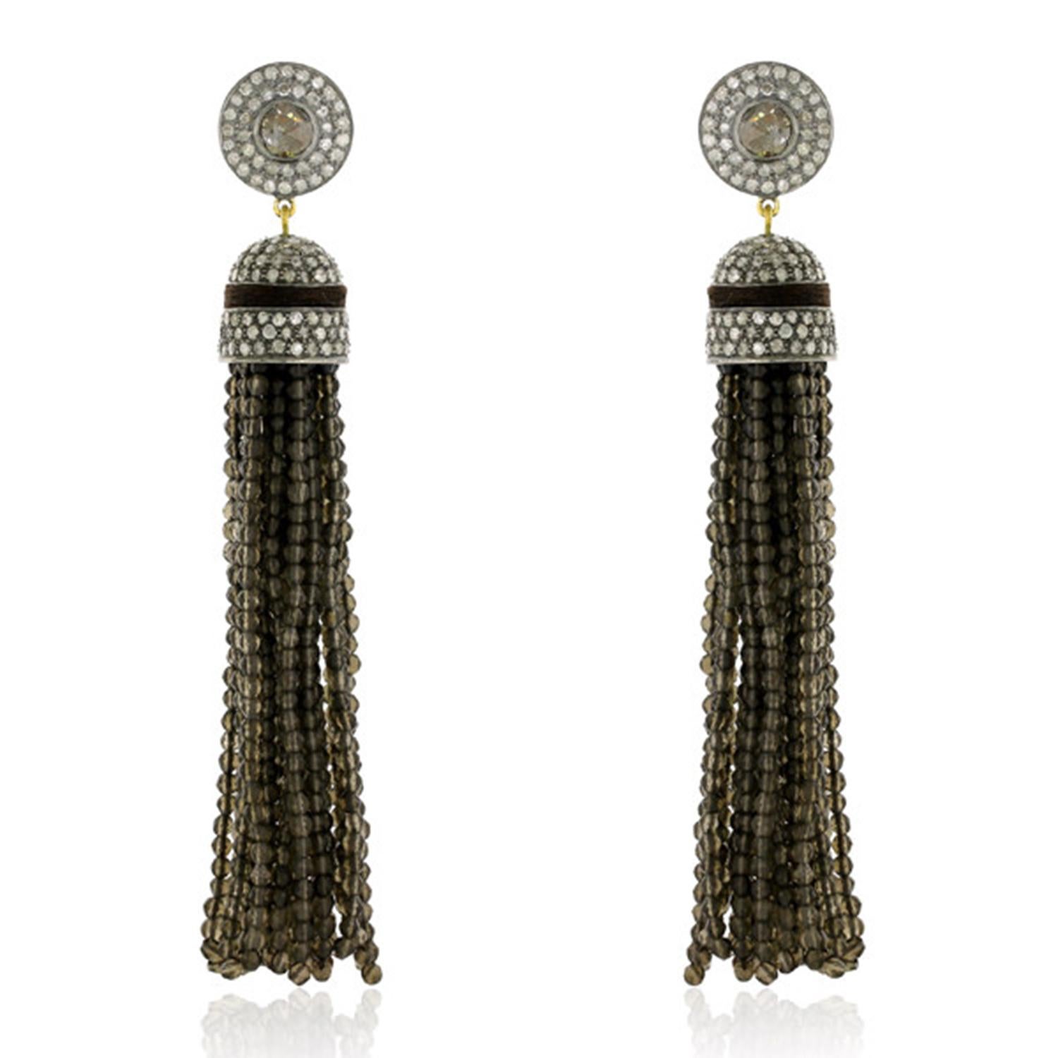 Smokey Quartz Tassel Earrings With Diamonds Made In 18k Yellow Gold In New Condition For Sale In New York, NY