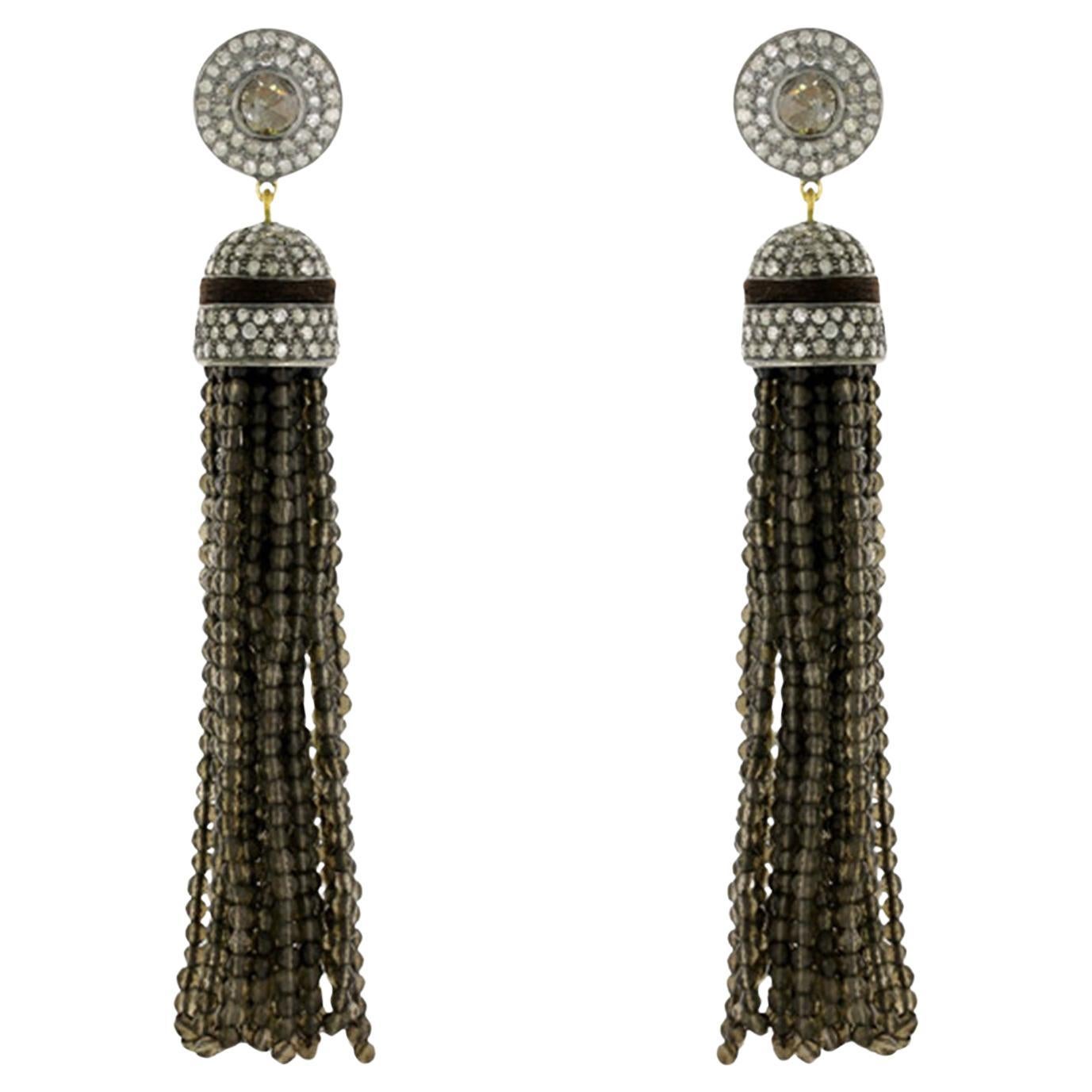 Smokey Quartz Tassel Earrings With Diamonds Made In 18k Yellow Gold For Sale