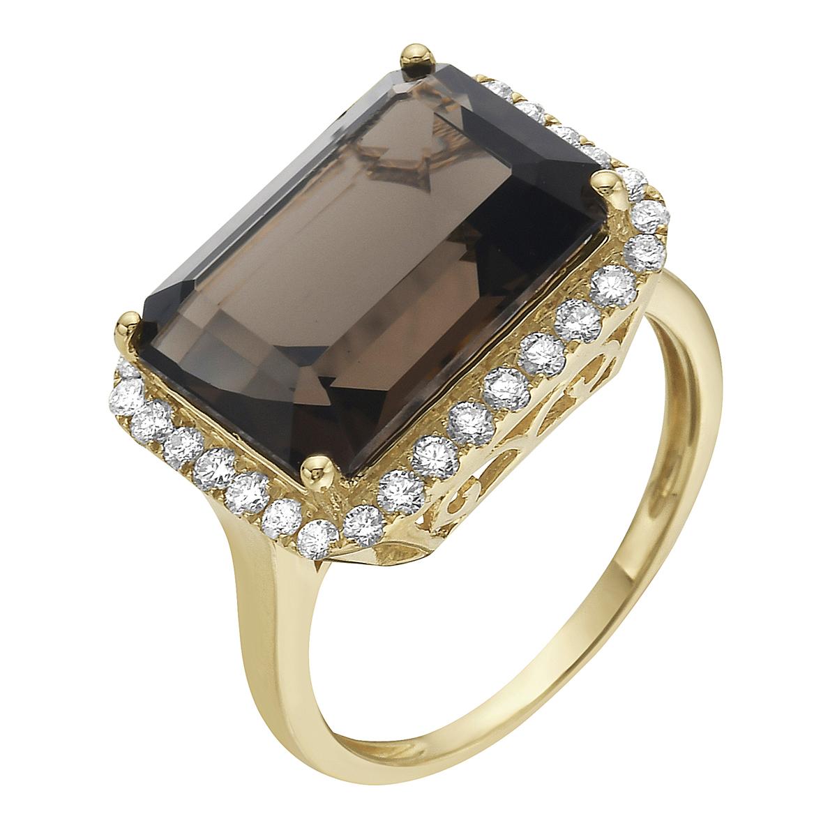 With this exquisite semi-precious smokey quartz yellow gold diamond ring, style and glamour are in the spotlight. This 14-karat emerald cut ring is made from 3.5 grams of gold, 1 smokey quartz totaling 6.61 karats, and is surrounded by 32 round
