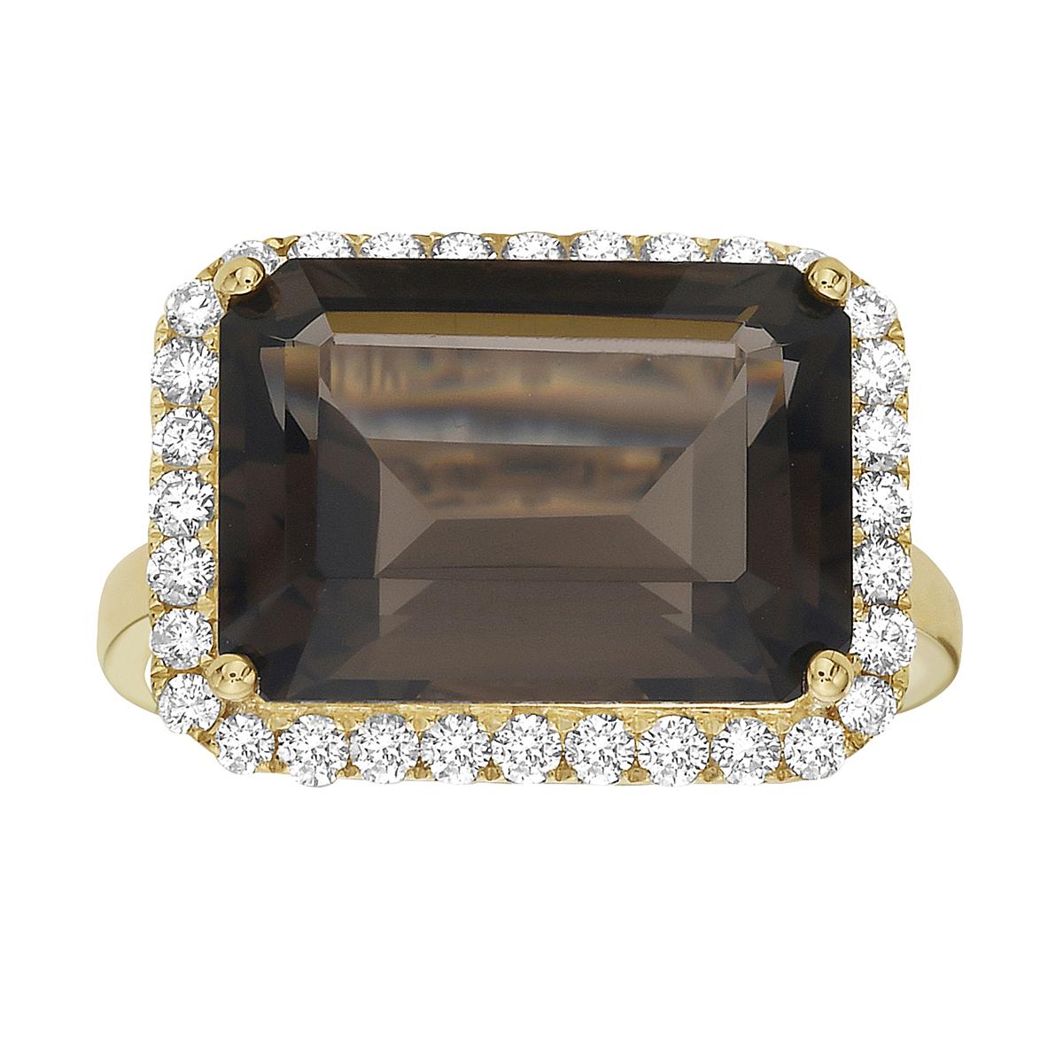 Emerald Cut Smokey Quartz Yellow Gold Diamond Ring For Sale