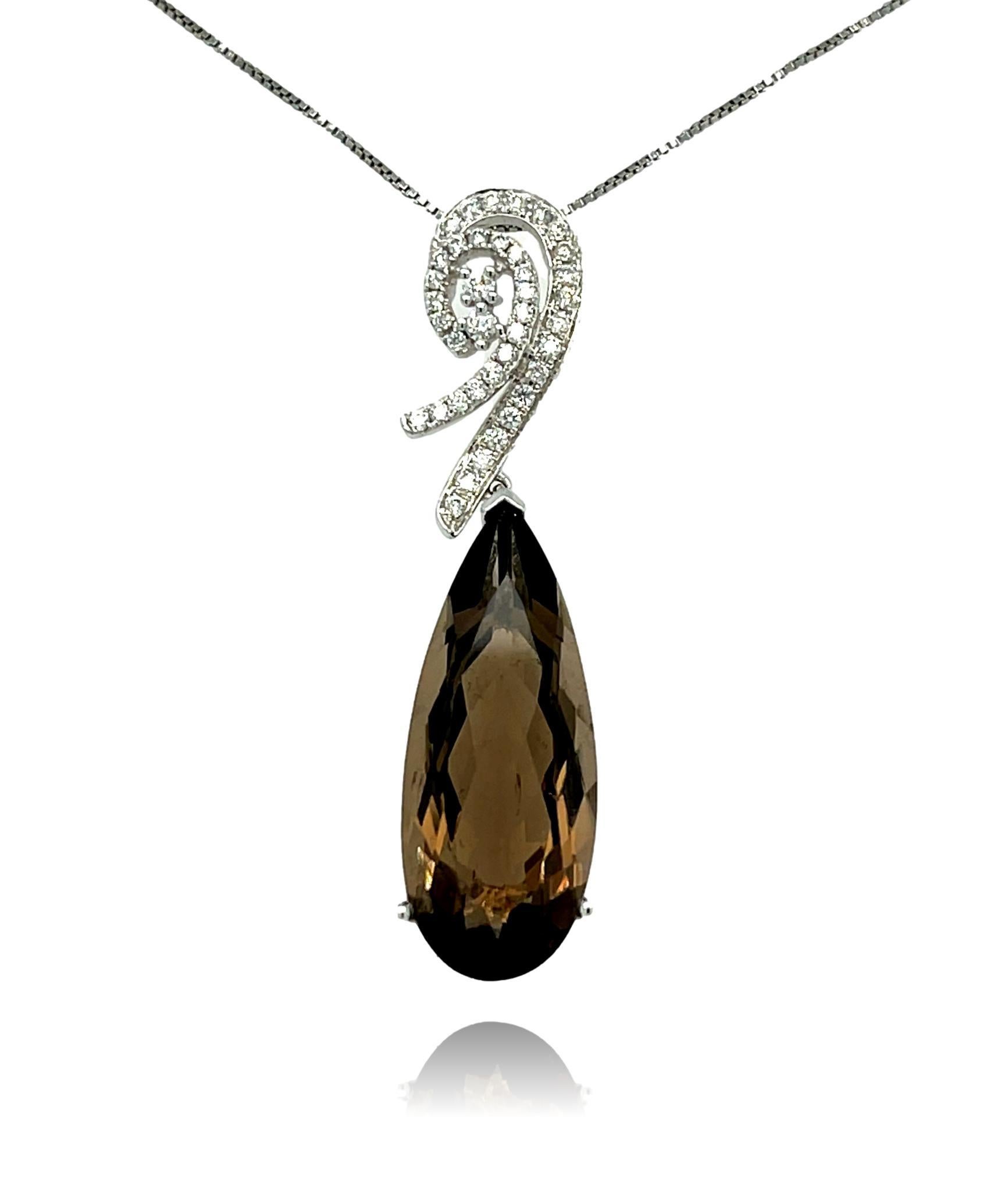 Pear Cut Smokey Topaz and Diamond 14KW Gold Pendant For Sale
