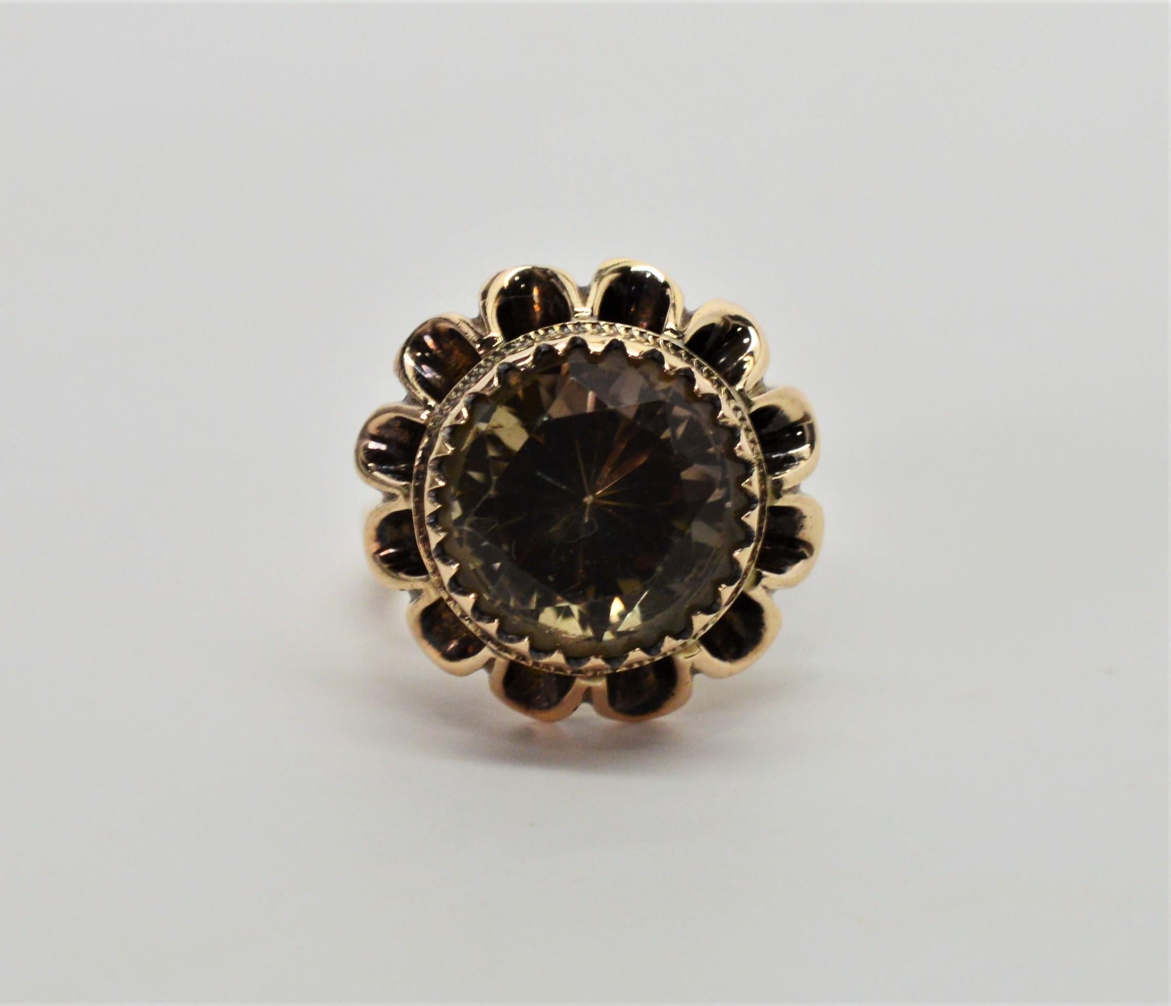 Smokey Topaz Floral Burst 10 Karat Yellow Gold Cocktail Ring In Excellent Condition For Sale In Mount Kisco, NY