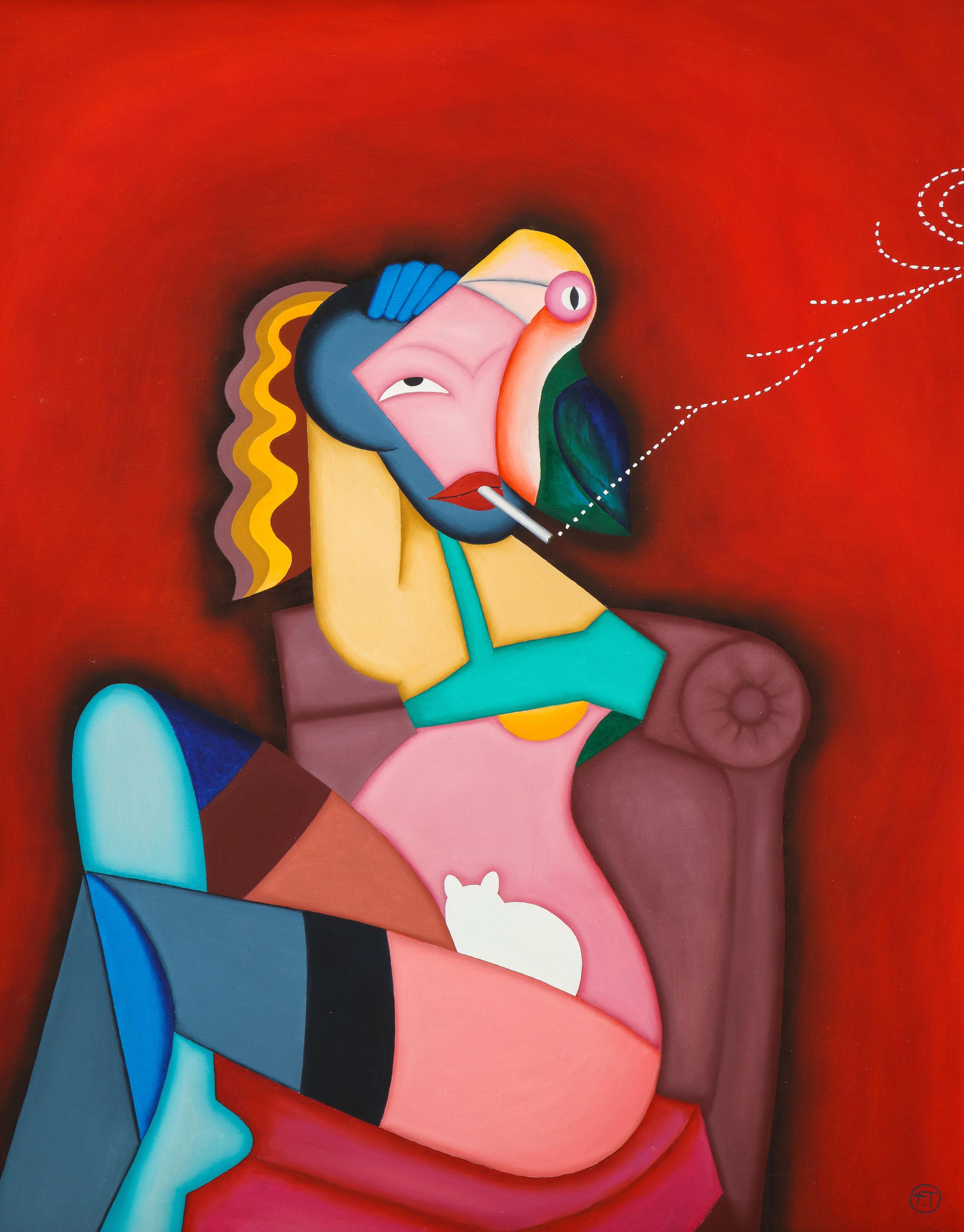 A fabulous seated woman scantily clad in green bra and stockings seated against a red background. A parrot sits enmeshed into her face and a white faceless pussy. A twisting broken line of smoke smolders from her cigarette. Cubist manner, bearing