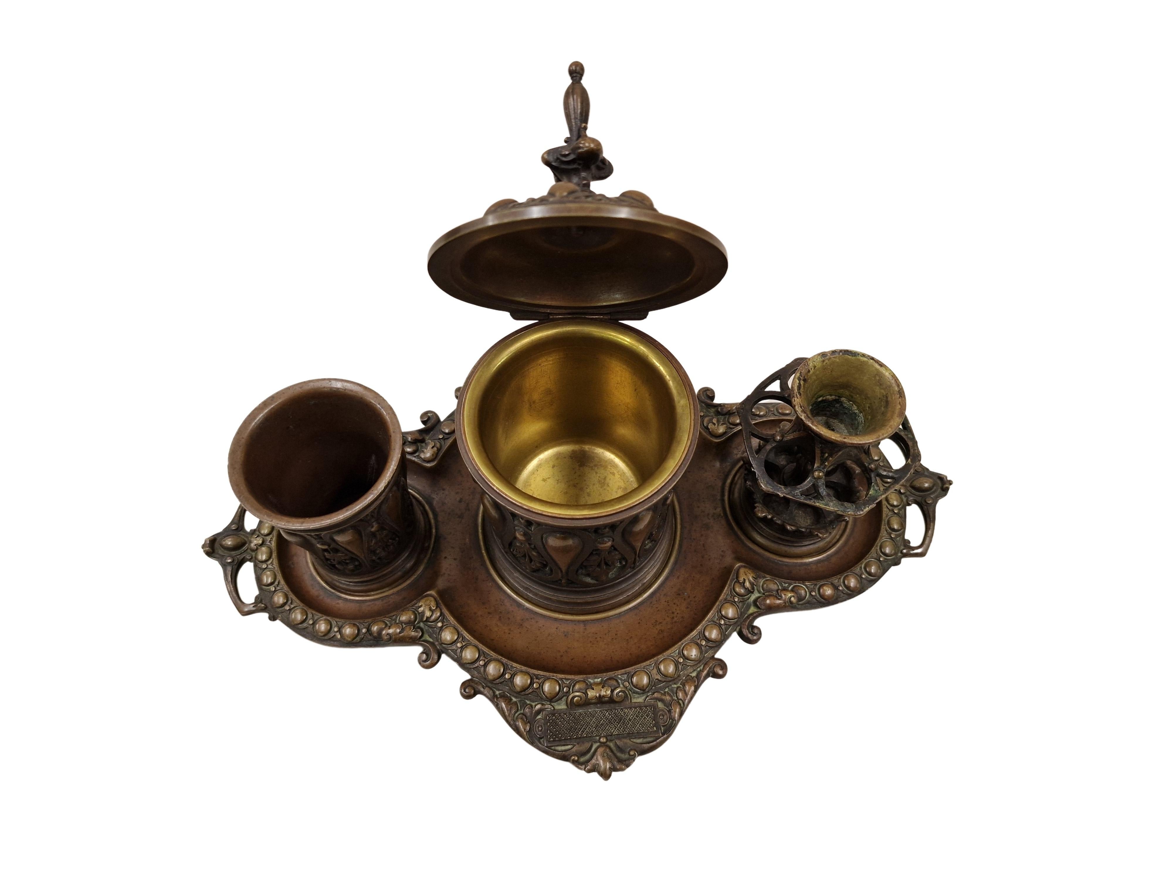Very nice multi-piece smoking set out of solid bronze, made around 1880, in the end of the 19. Century, in Central Europe. 

The set is consisting of 4 pieces, a serving tray, a tobacco pot with brass insert, a cup for the ashes / igniters and the