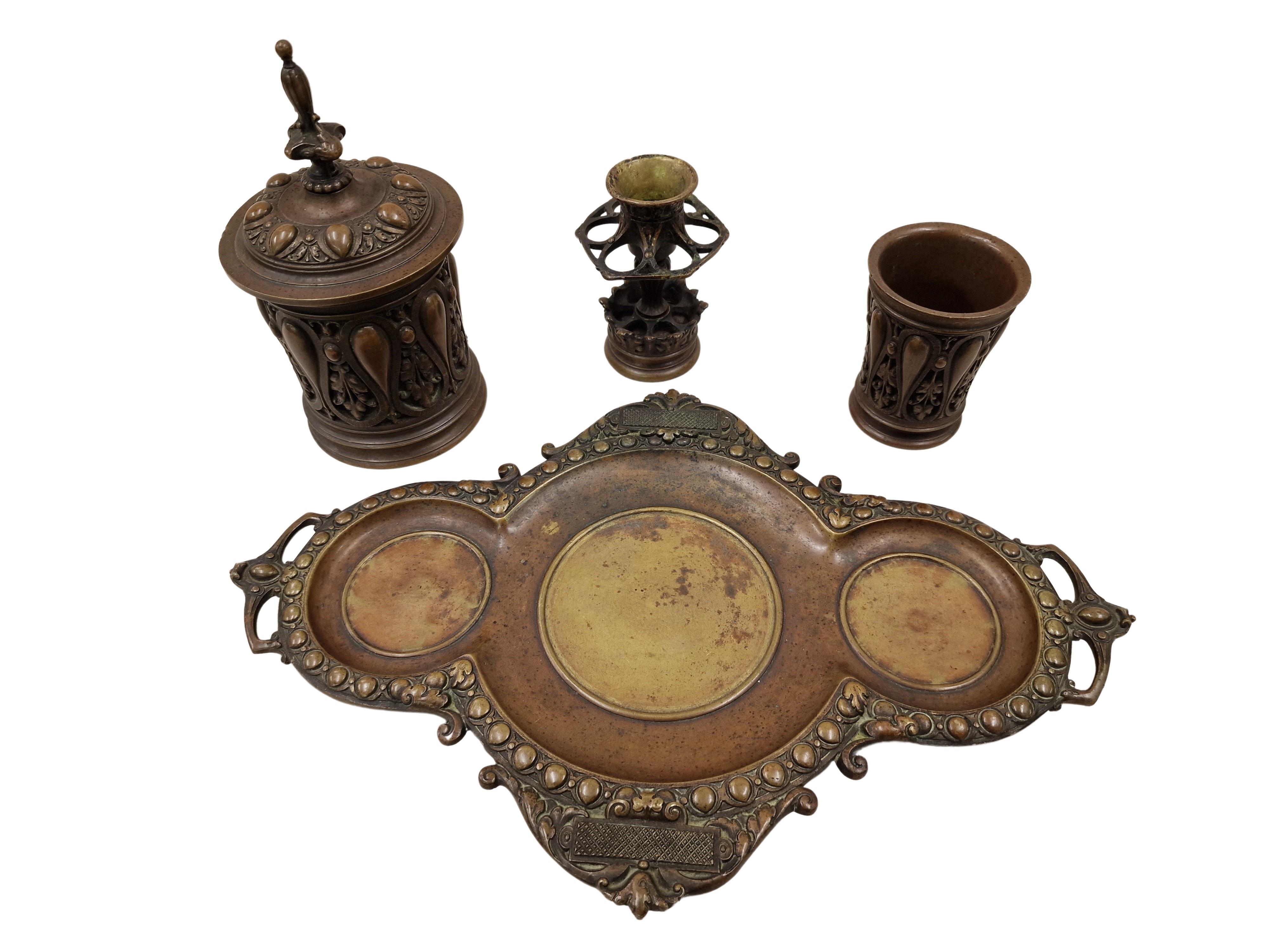Smoking Set 4 pieces, tobacco cigar, solid bronze stamped, Historism 1880 Europe For Sale 1