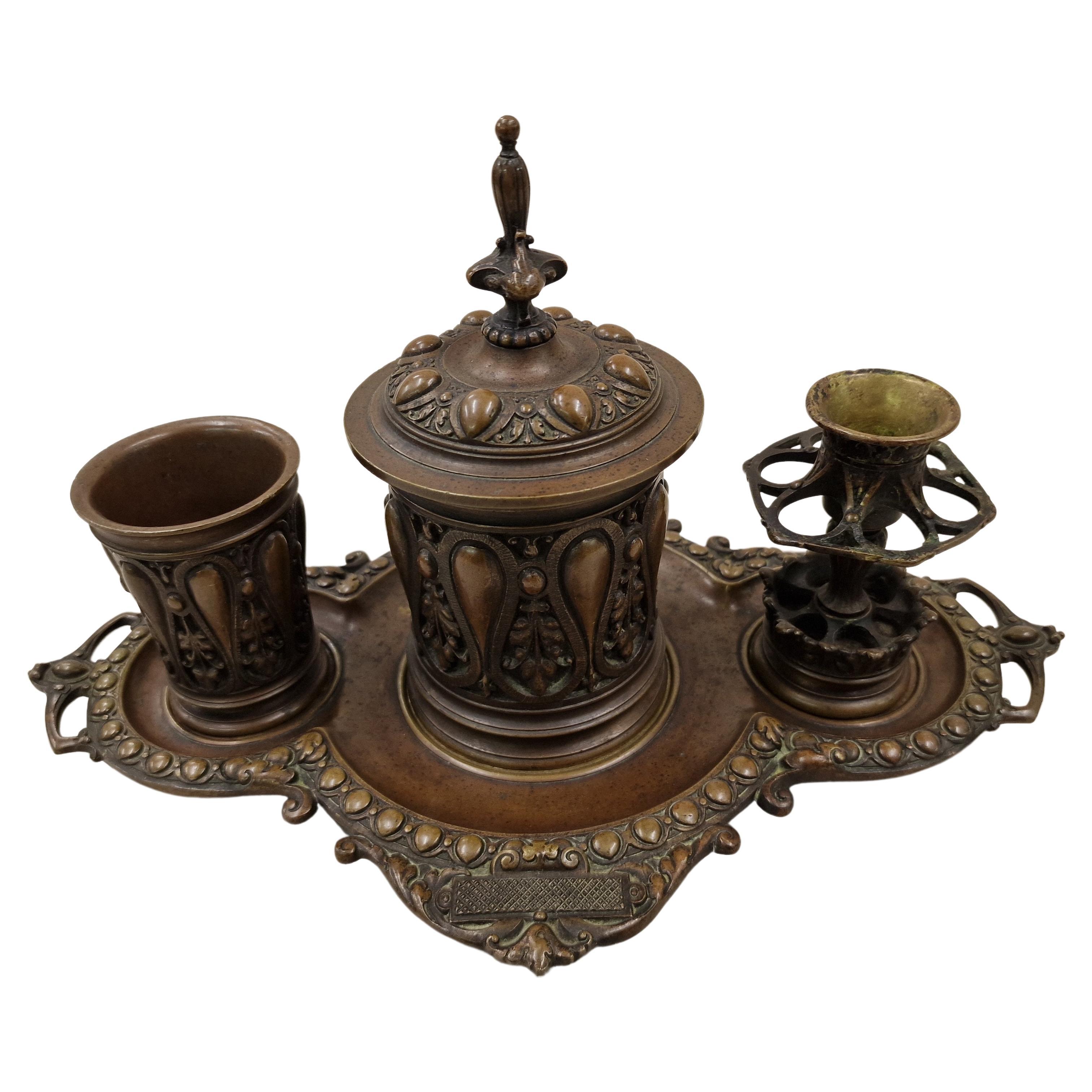 Smoking Set 4 pieces, tobacco cigar, solid bronze stamped, Historism 1880 Europe For Sale