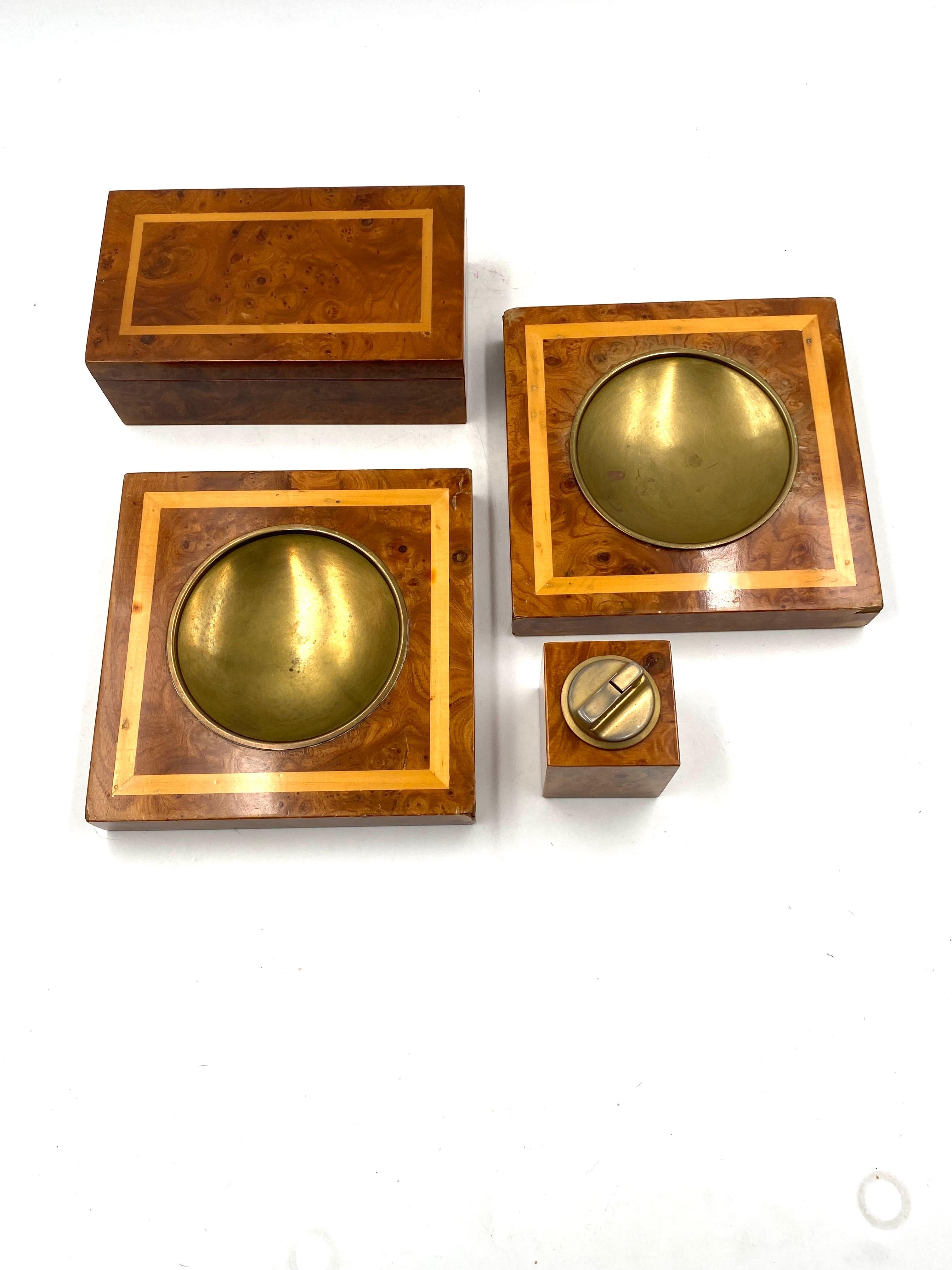 Smoking Set, brass and wood ashtrays, lighter and cigars box, Italy 1970 For Sale 5