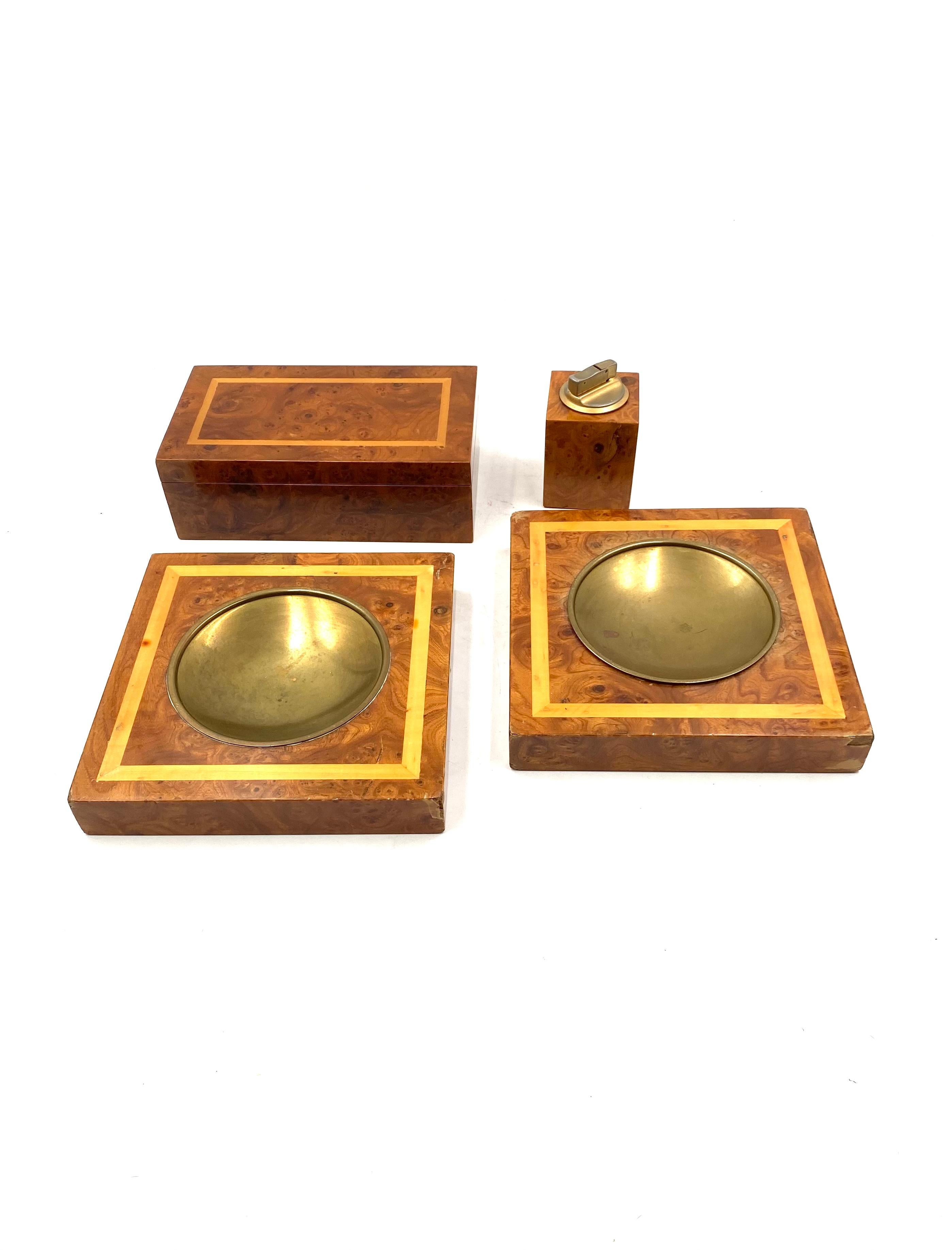 Late 20th Century Smoking Set, brass and wood ashtrays, lighter and cigars box, Italy 1970 For Sale