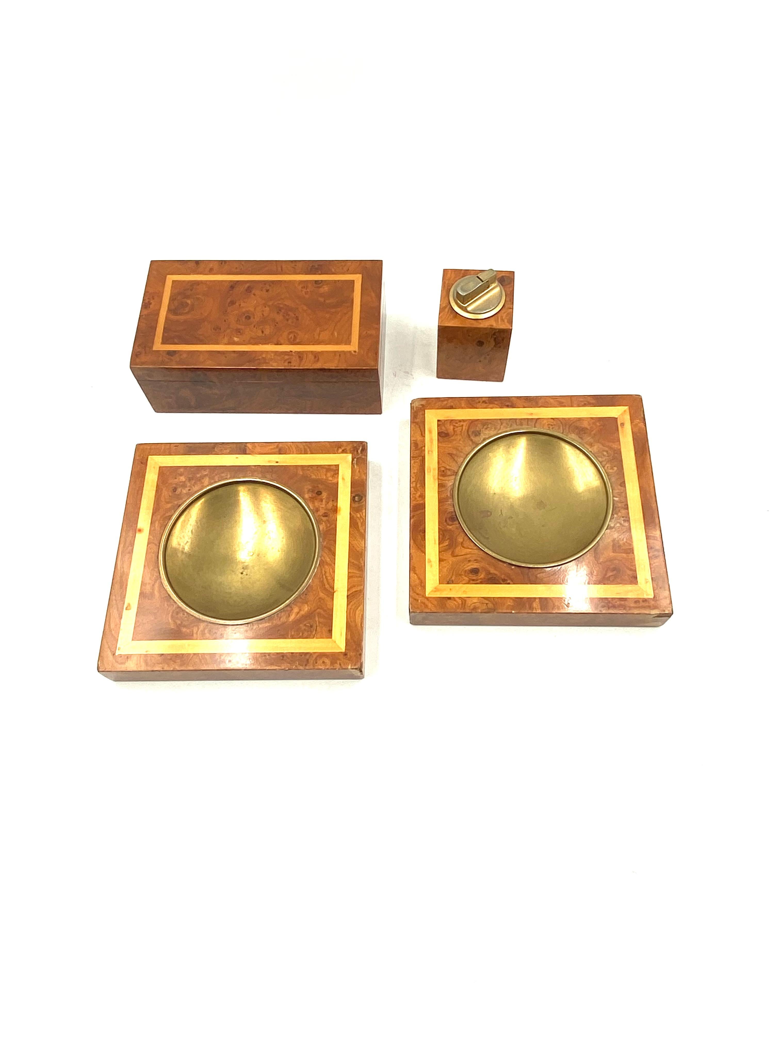 Brass Smoking Set, brass and wood ashtrays, lighter and cigars box, Italy 1970 For Sale