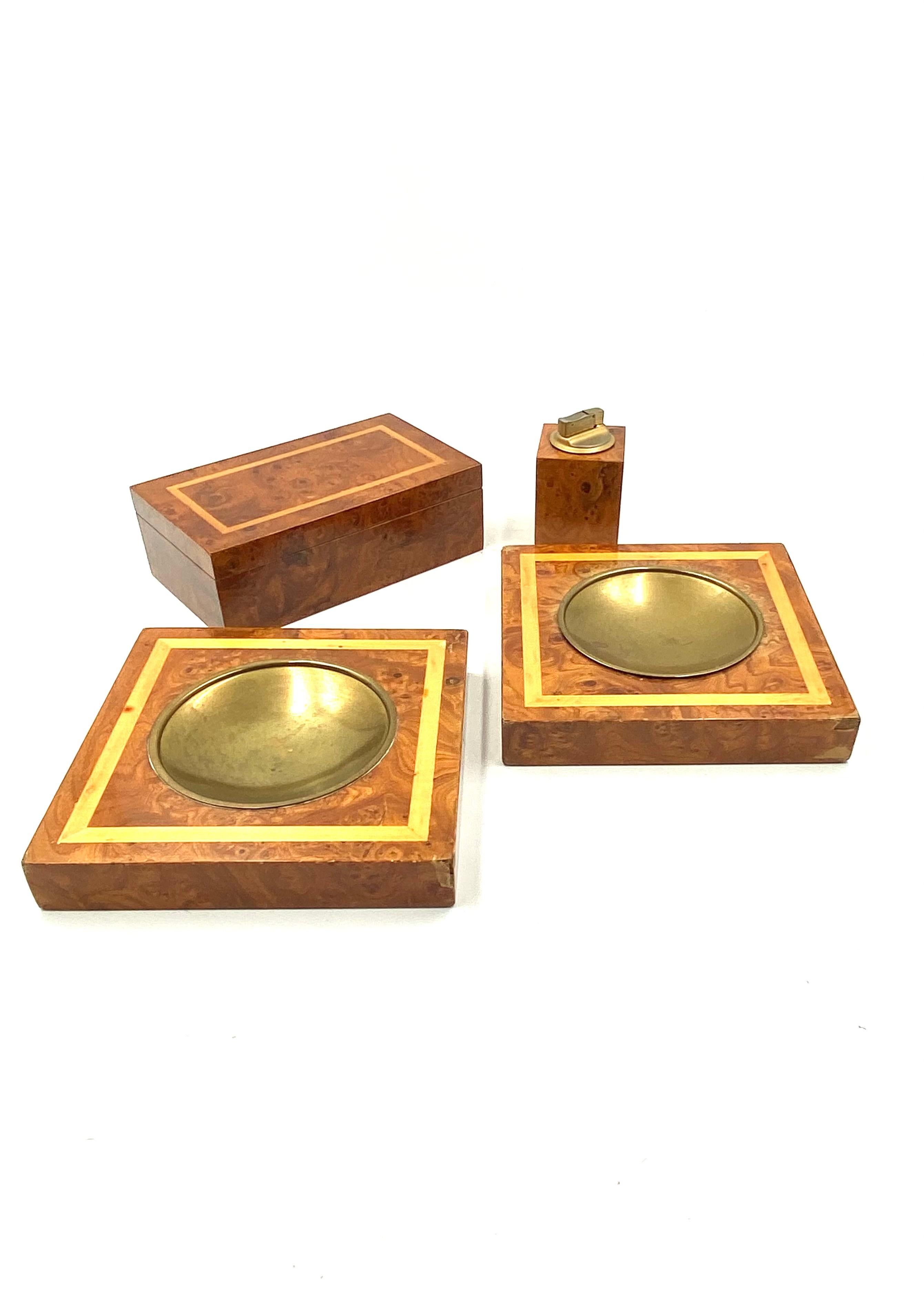 Smoking Set, brass and wood ashtrays, lighter and cigars box, Italy 1970 For Sale 1