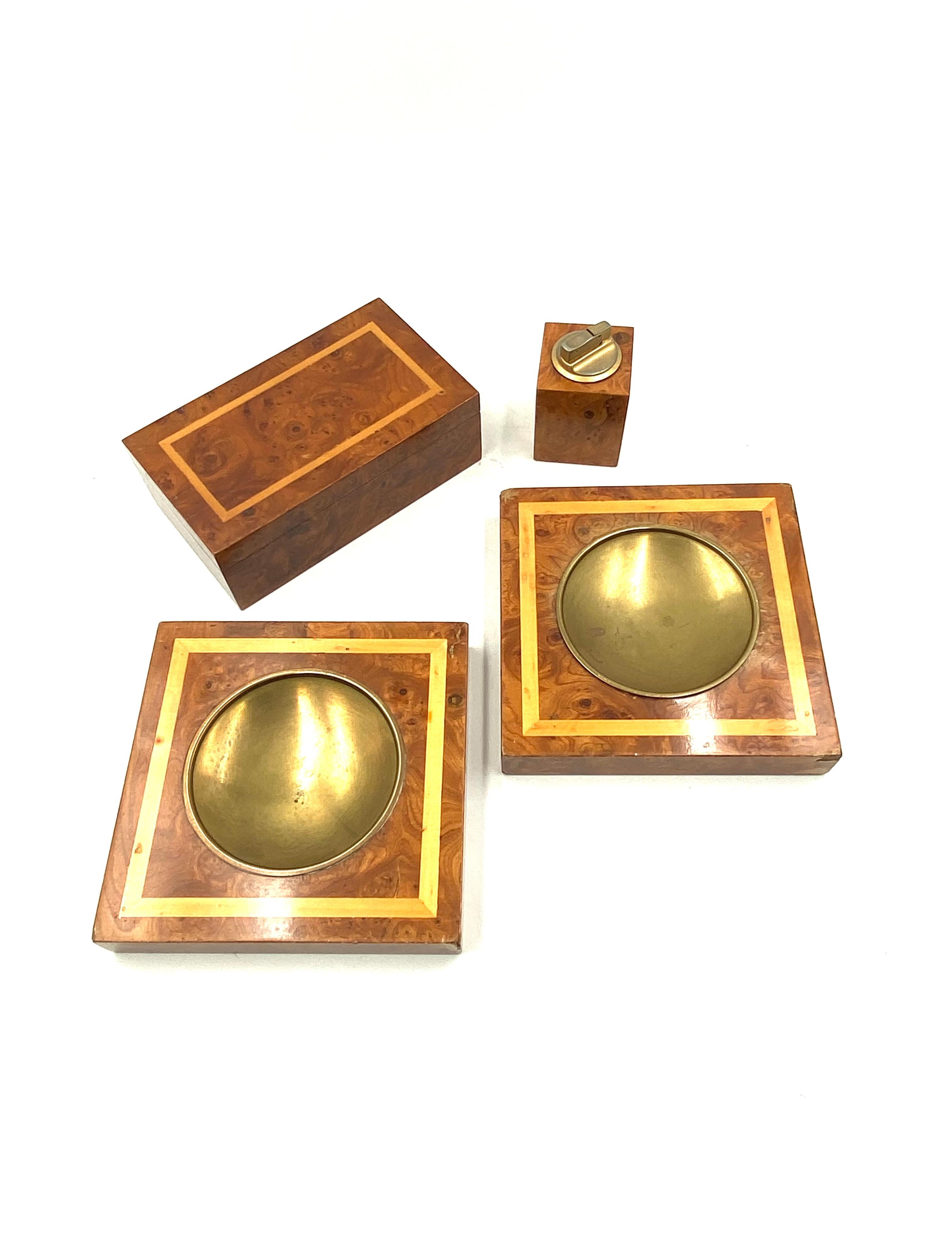 Smoking Set, brass and wood ashtrays, lighter and cigars box, Italy 1970 For Sale 2