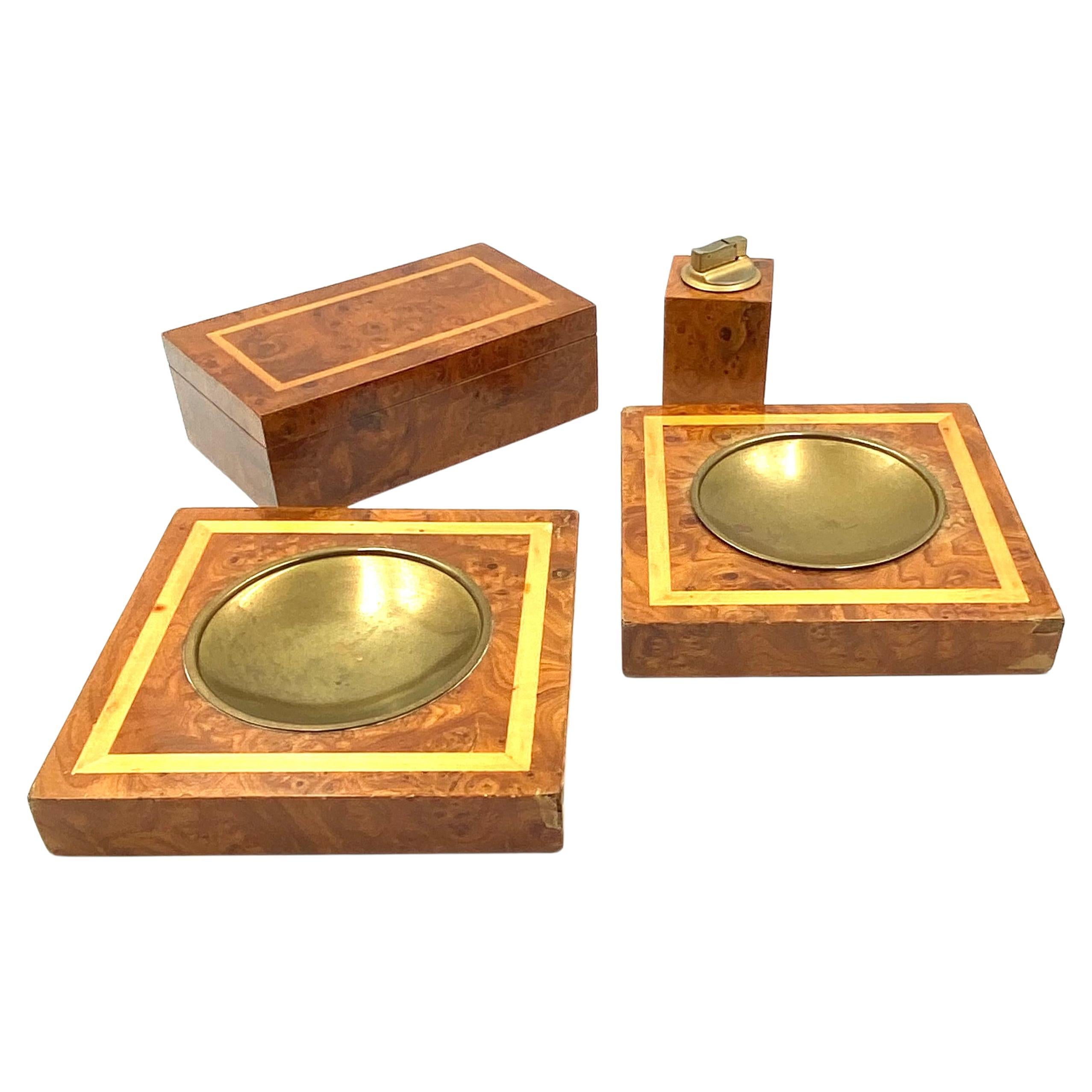 Smoking Set, brass and wood ashtrays, lighter and cigars box, Italy 1970