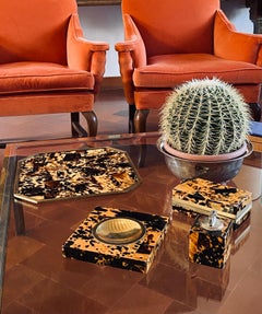 Smoking Set, brass and wood tray, ashtray, lighter and cigars box, Italy 1970