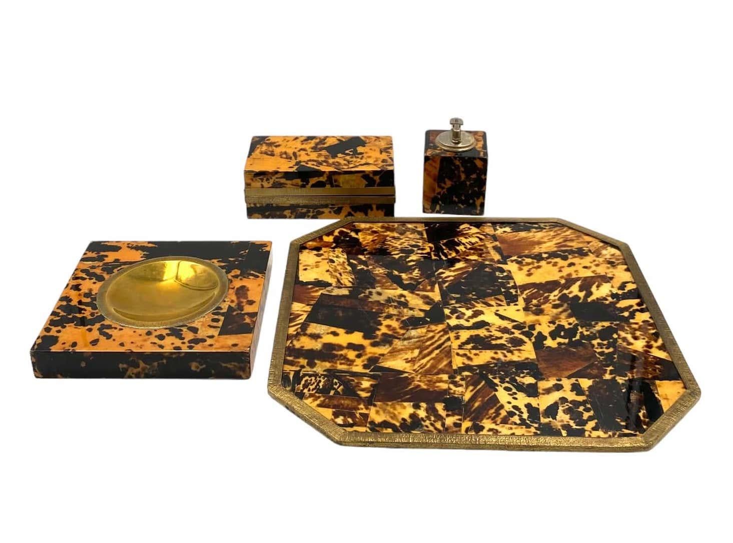 Late 20th Century Smoking Set, brass and wood tray, ashtray, lighter and cigars box, Italy 1970 For Sale