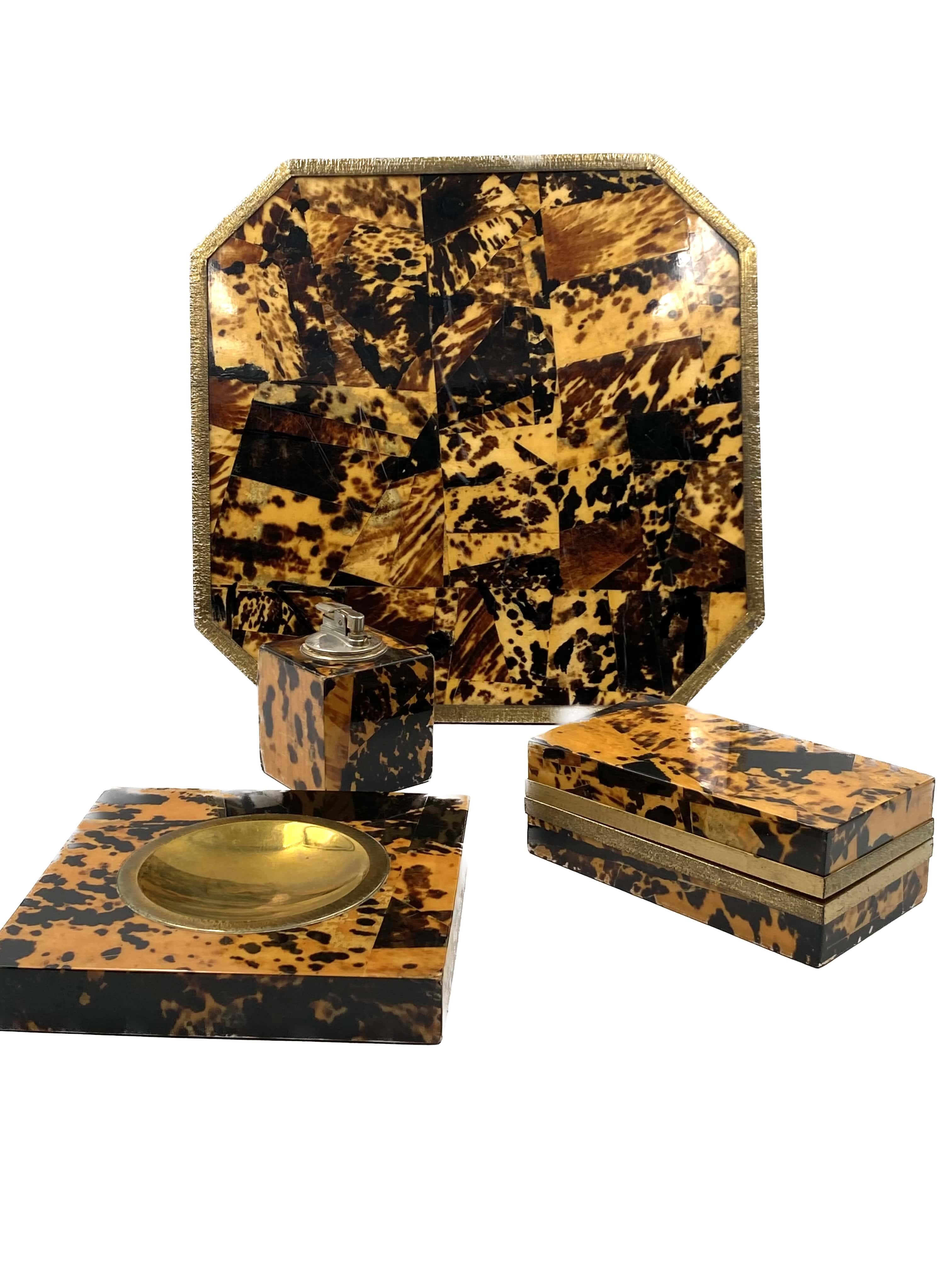 Brass Smoking Set, brass and wood tray, ashtray, lighter and cigars box, Italy 1970 For Sale