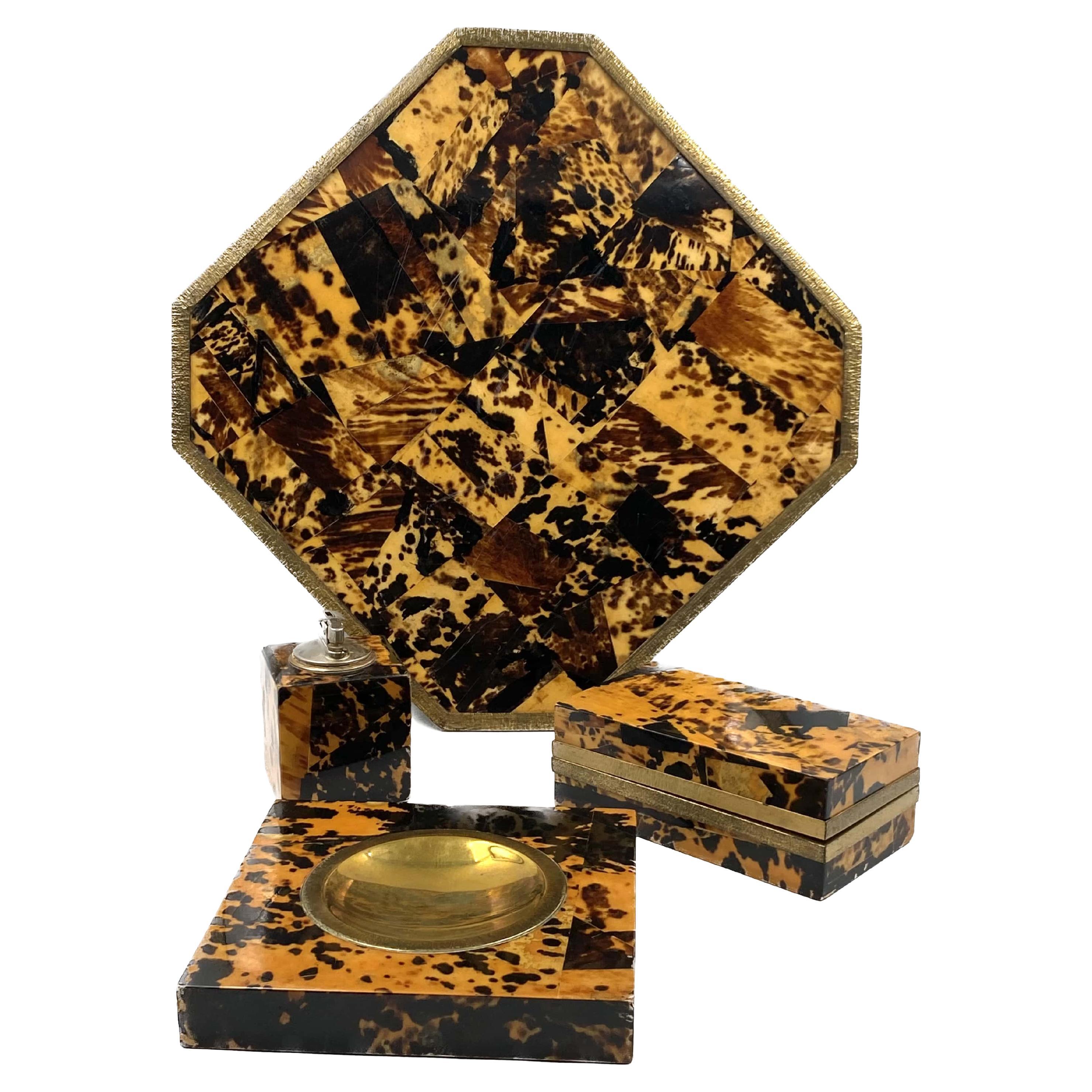 Smoking Set, brass and wood tray, ashtray, lighter and cigars box, Italy 1970 For Sale