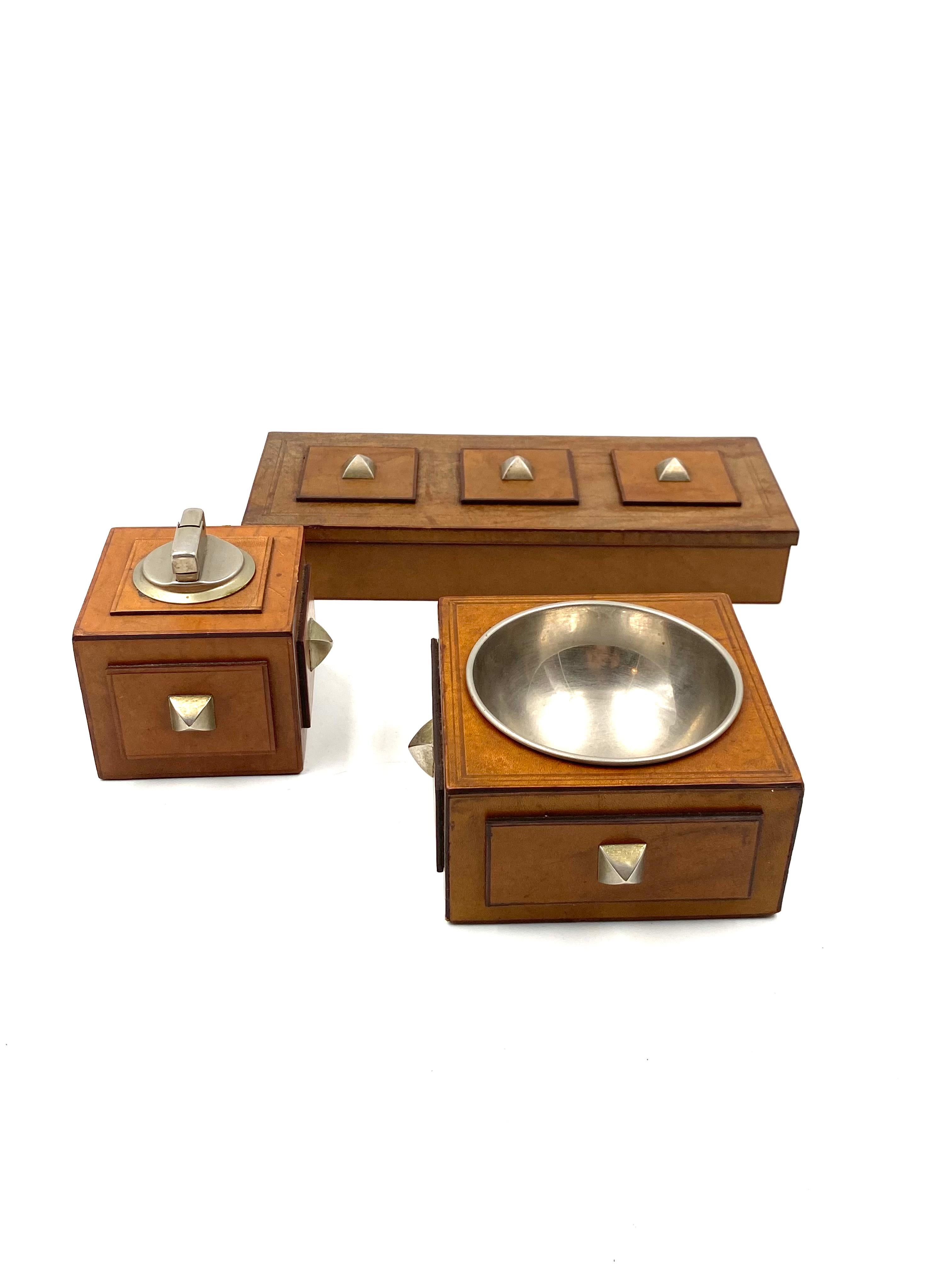 Smoking Set, parchment ashtray, table lighter and cigars box, France 1950s For Sale 3