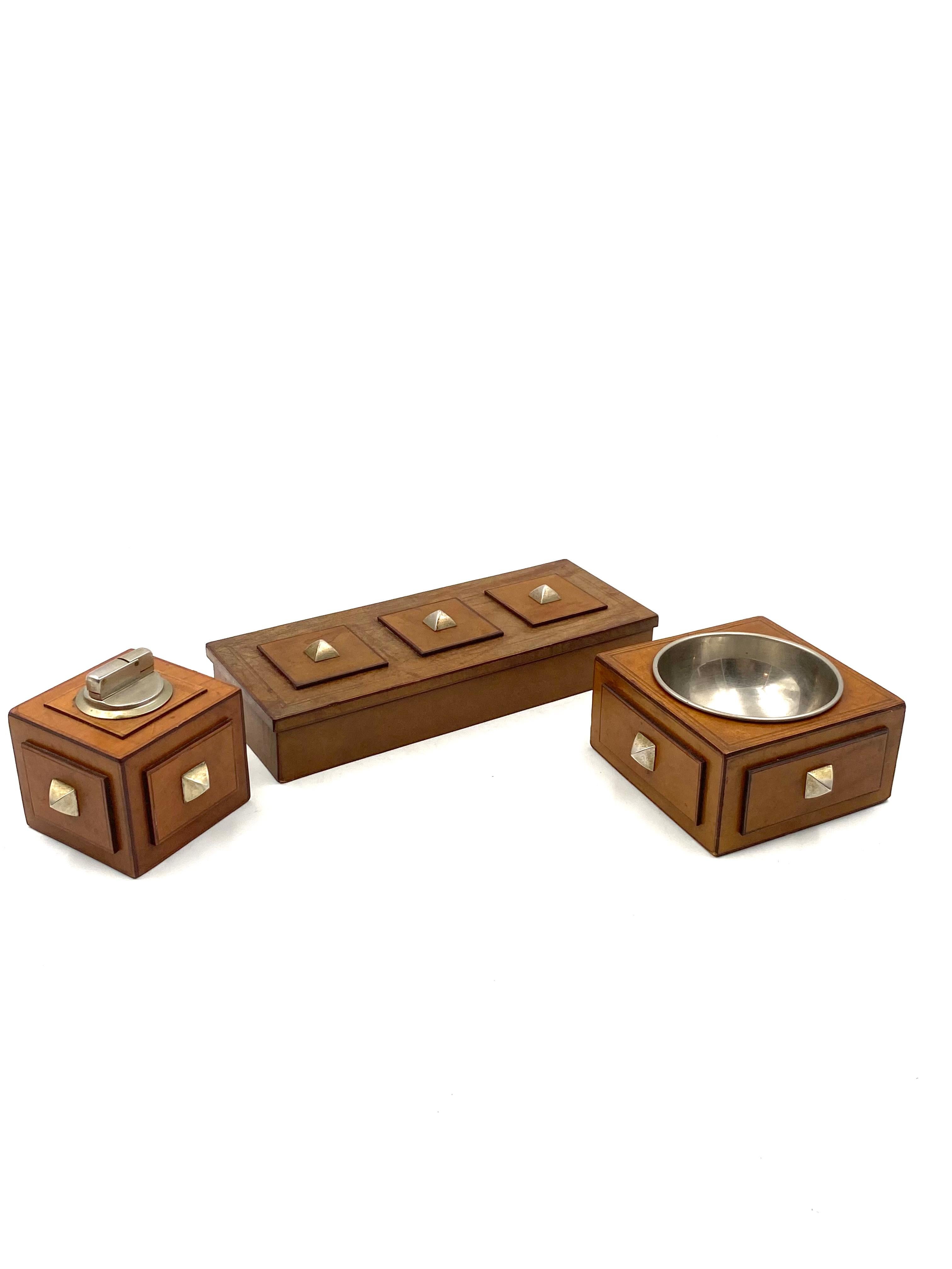 Smoking Set, parchment ashtray, table lighter and cigars box, France 1950s For Sale 4