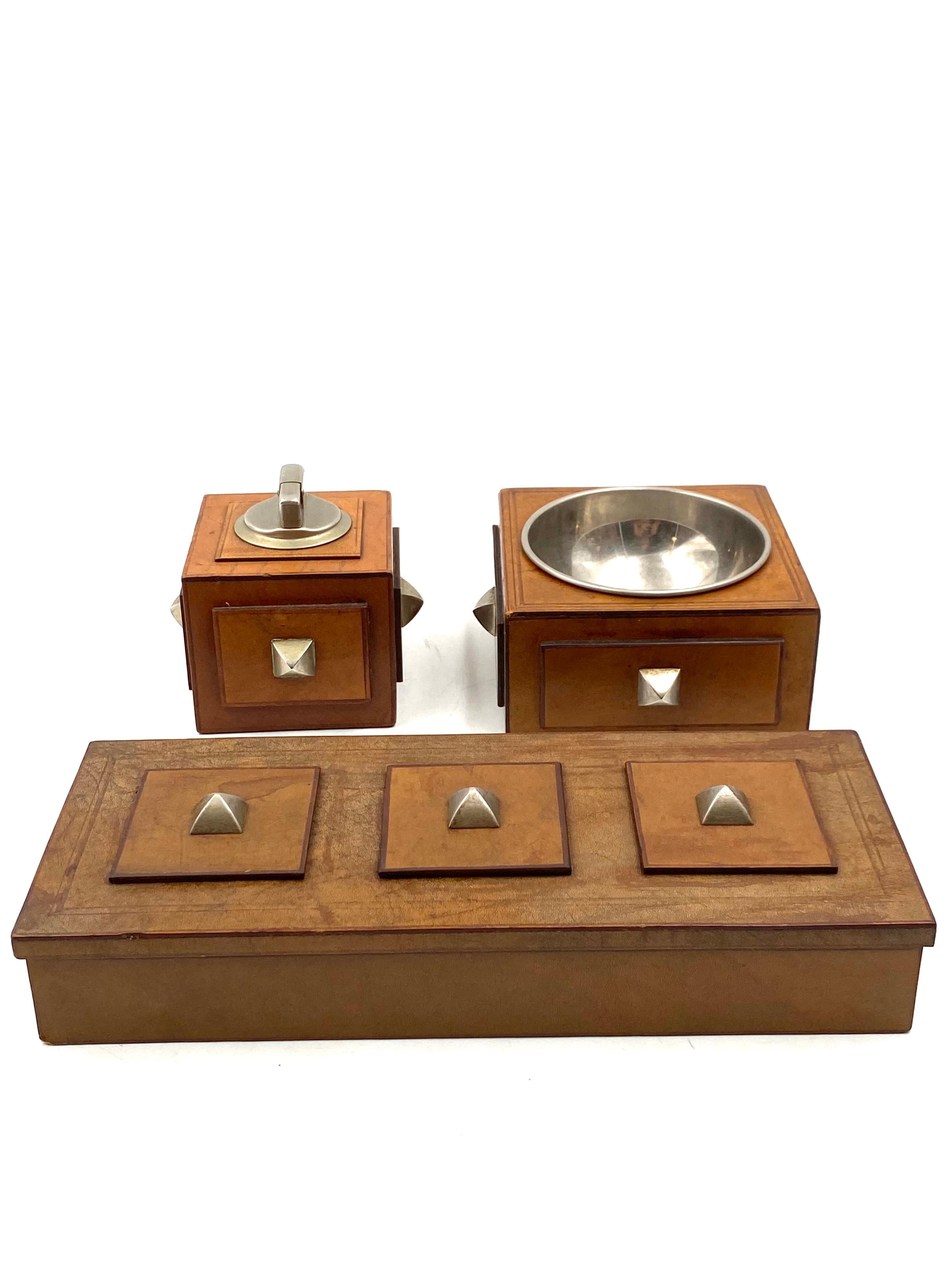 Smoking Set, parchment ashtray, table lighter and cigars box, France 1950s For Sale 9