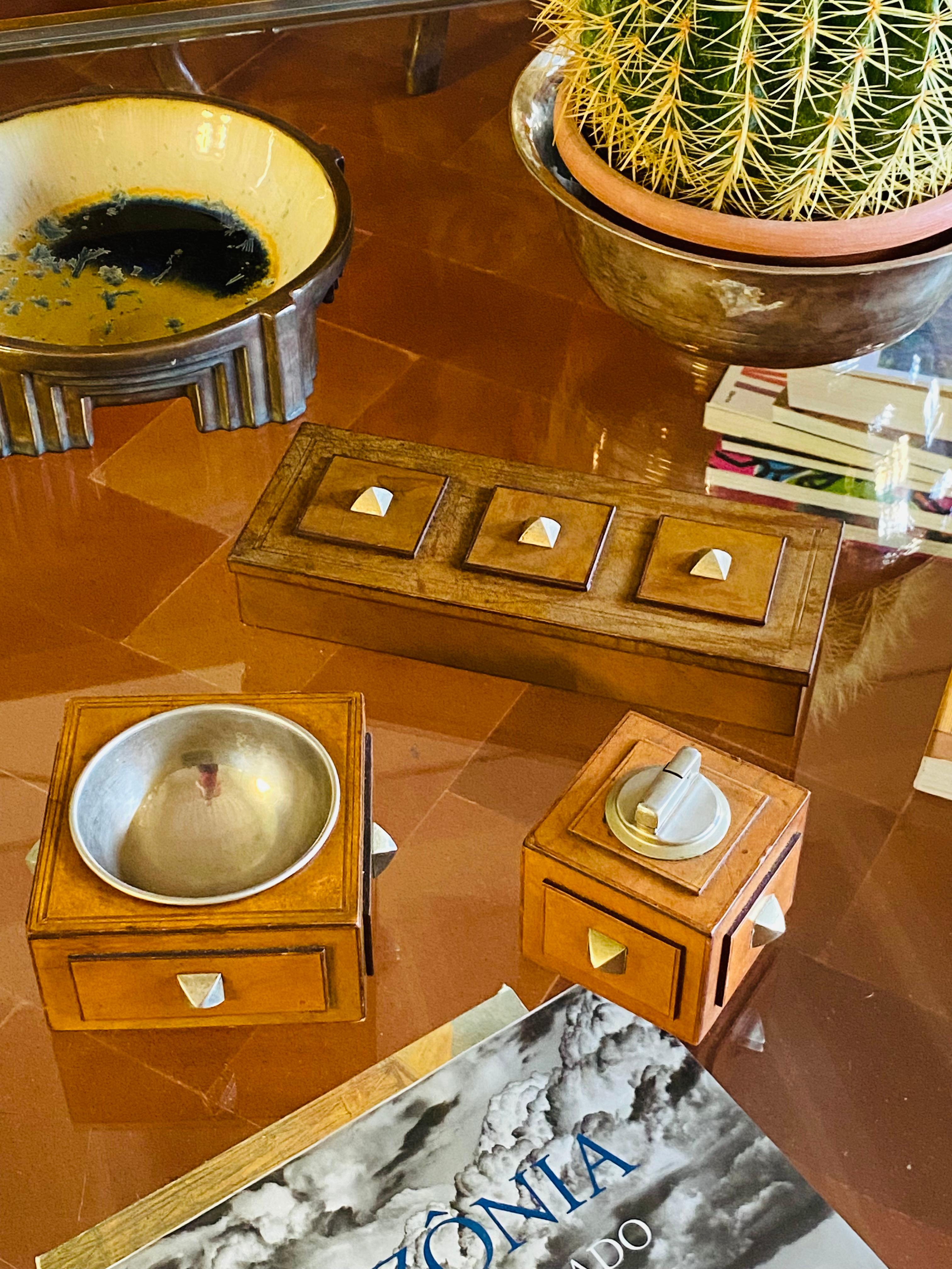Smoking Set, parchment ashtray, table lighter and cigars box, France 1950s In Excellent Condition For Sale In Firenze, IT