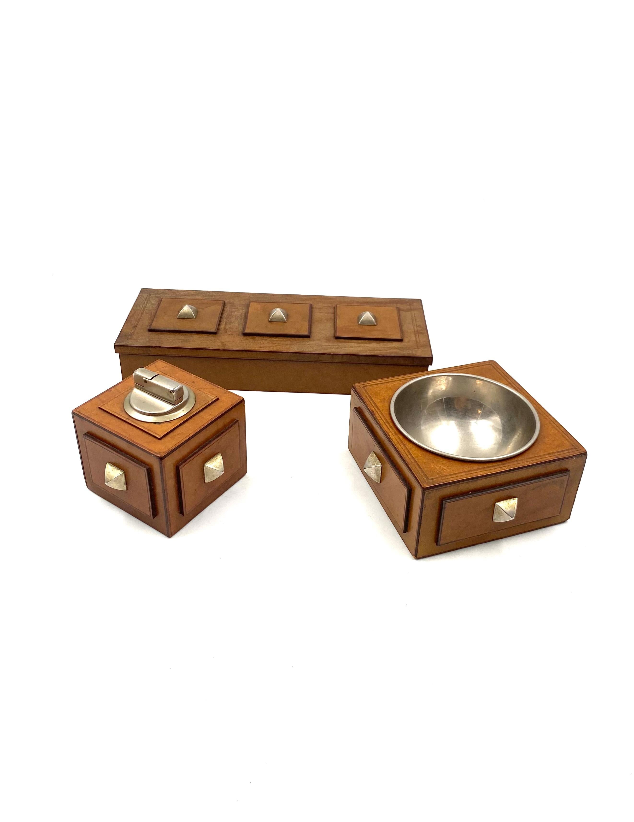 Smoking Set, parchment ashtray, table lighter and cigars box, France 1950s For Sale 2