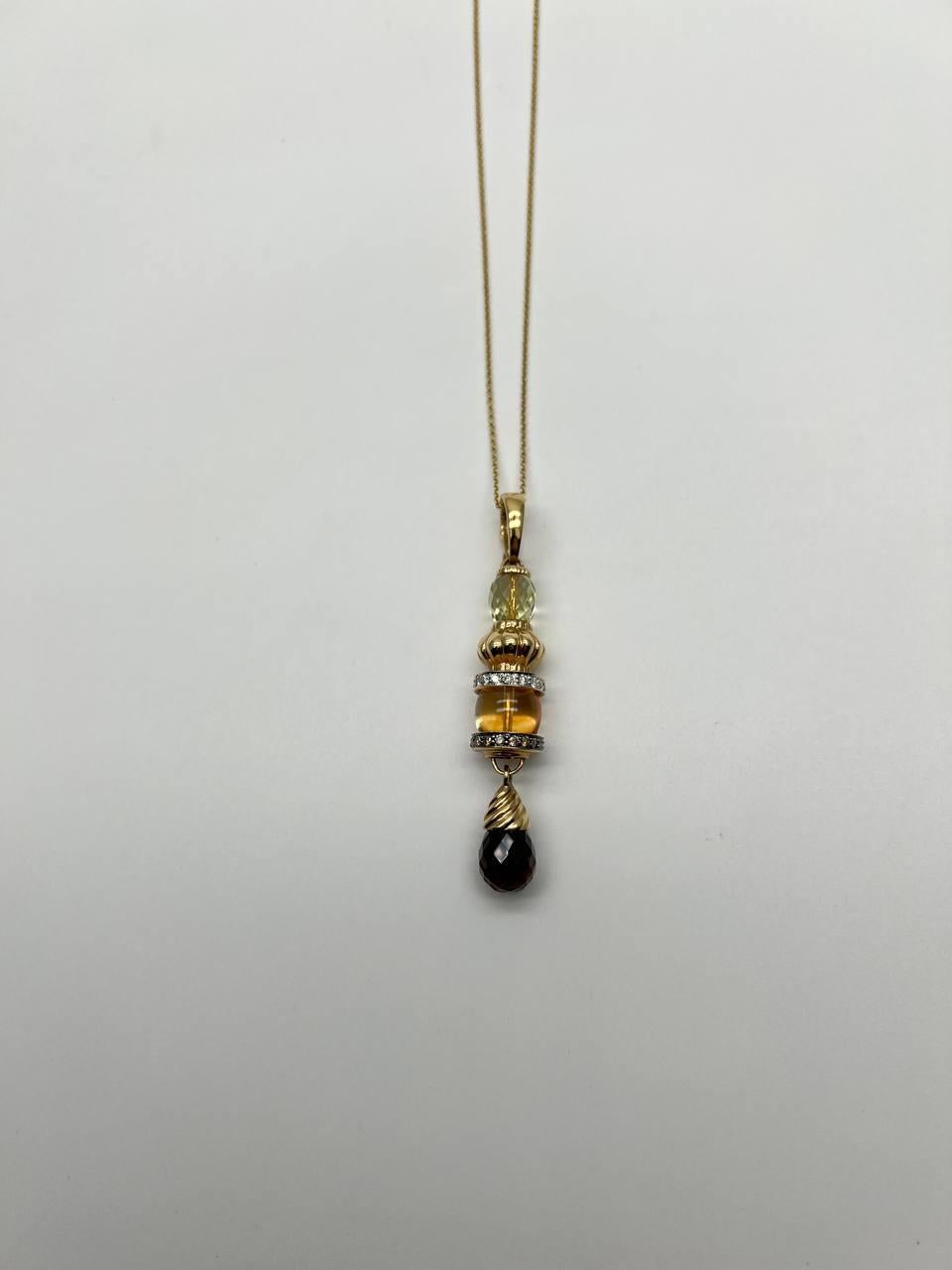 Mixed Cut Smoky Brown Yellow Quartz Orange Citrine 14K Gold Diamonds Pendant Necklace For Sale