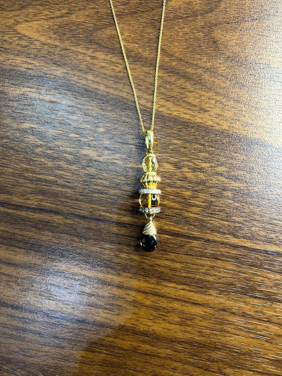 Smoky Brown Yellow Quartz Orange Citrine 14K Gold Diamonds Pendant Necklace For Sale 1