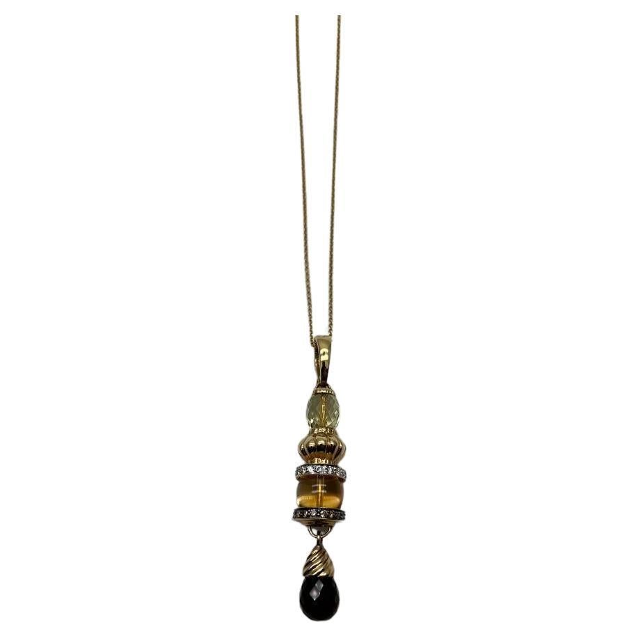 Smoky Brown Yellow Quartz Orange Citrine 14K Gold Diamonds Pendant Necklace