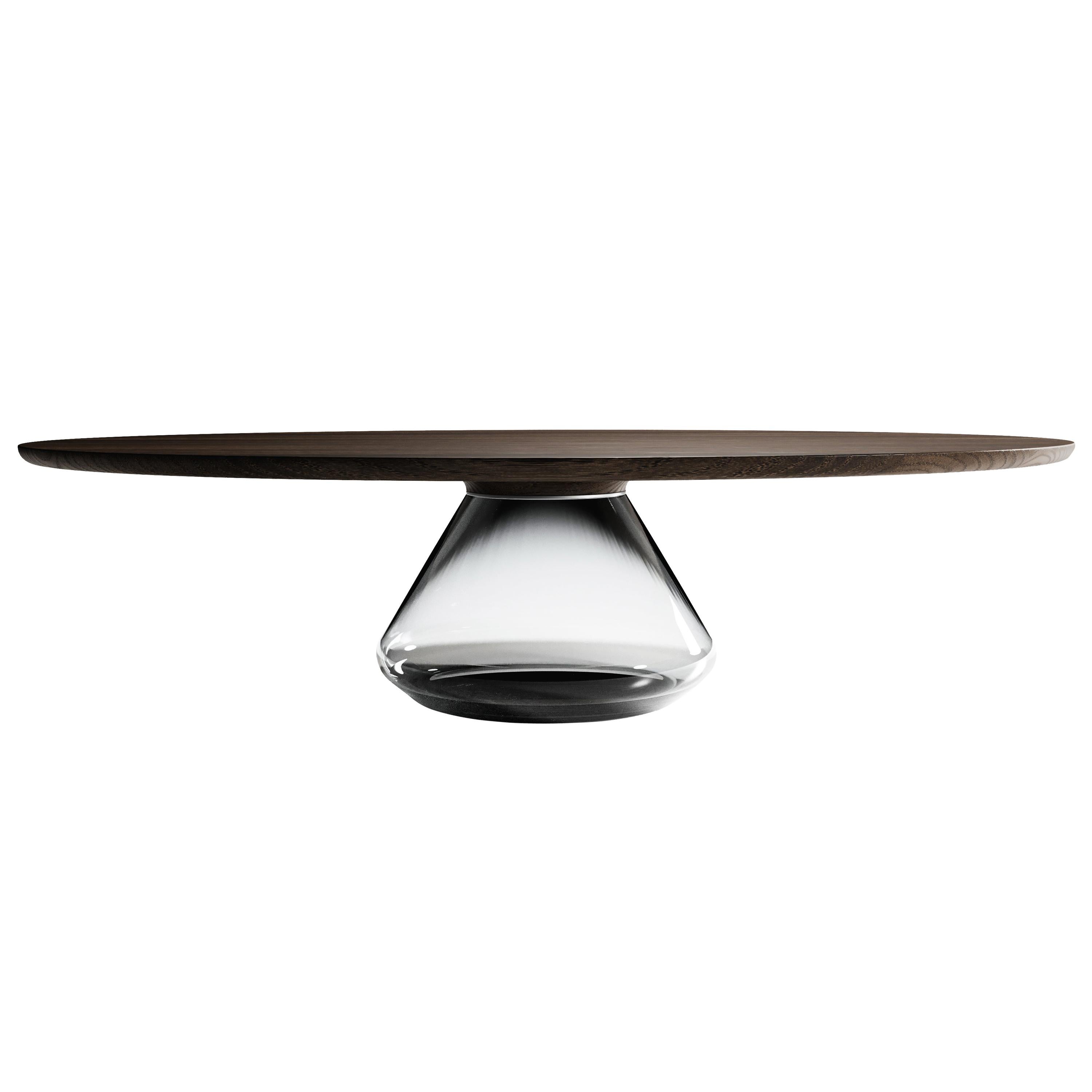 "Smoky Eclipse" Contemporary Coffee Table Ft. Dark Oak Top and Smoky Glass base For Sale