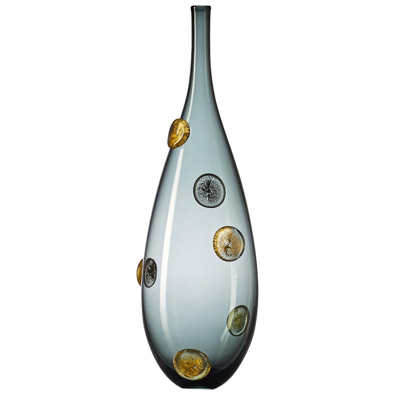 Smoke Gray Glass Decanter with Gold Leaf Stopper, Hand Blown Vase by