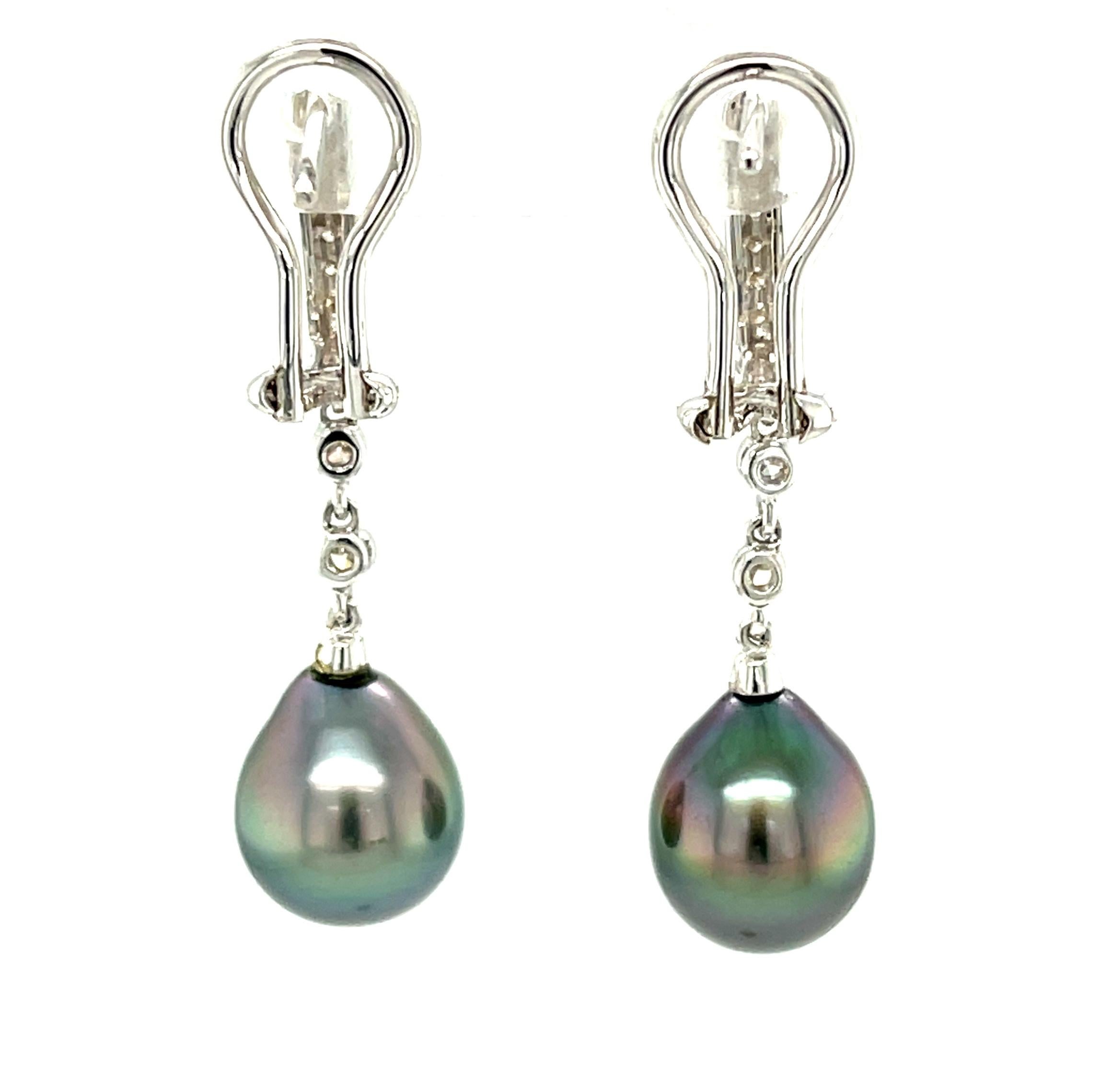 Artisan Smoky Grey Pearl and Diamond 18k White Gold French Clip Dangle Drop Earrings