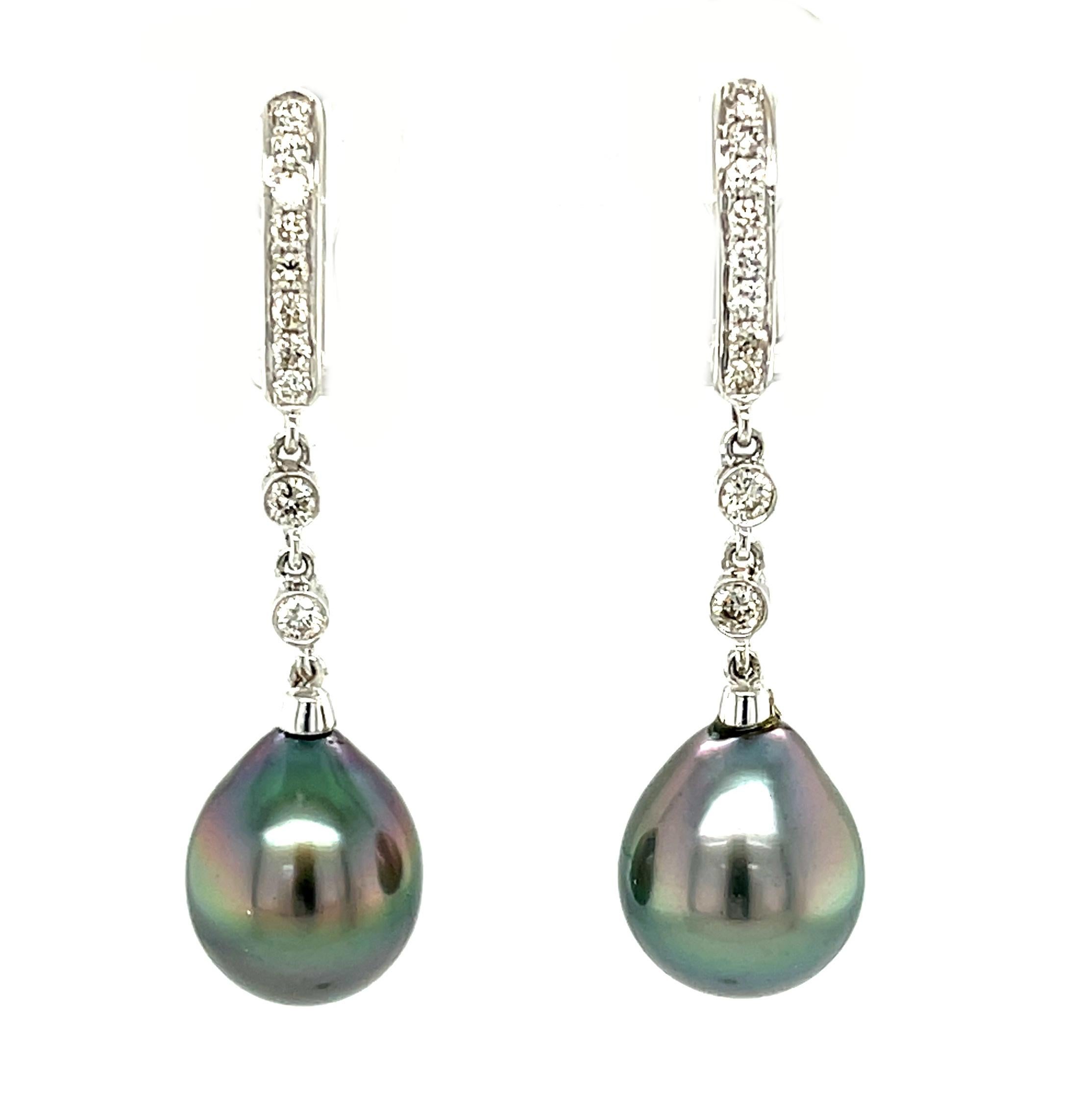 Round Cut Smoky Grey Pearl and Diamond 18k White Gold French Clip Dangle Drop Earrings