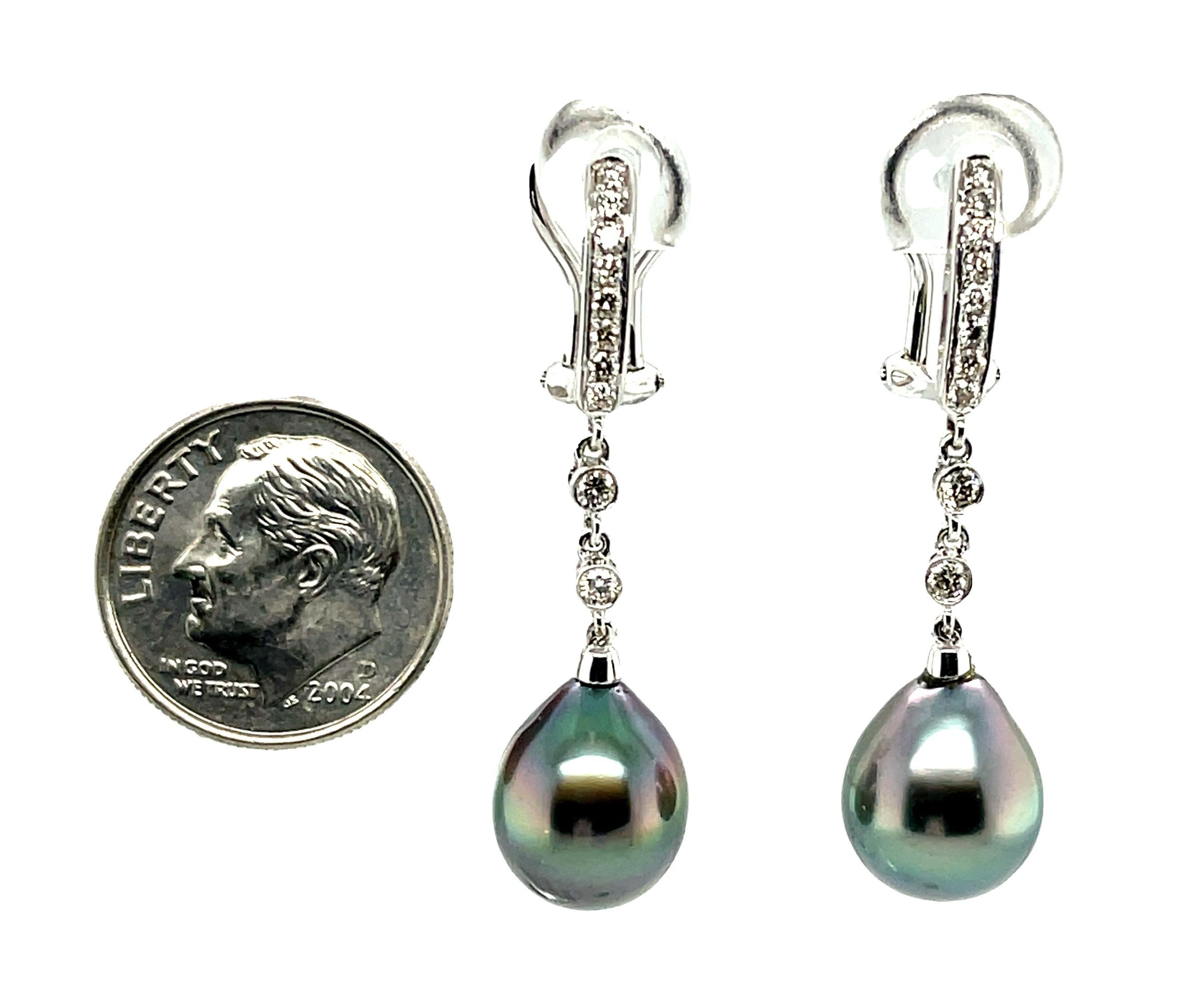 Smoky Grey Pearl and Diamond 18k White Gold French Clip Dangle Drop Earrings In New Condition In Los Angeles, CA