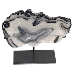 Smoky Grey Thin Slice of Agate Sculpture on Stand, Brazil, Prehistoric