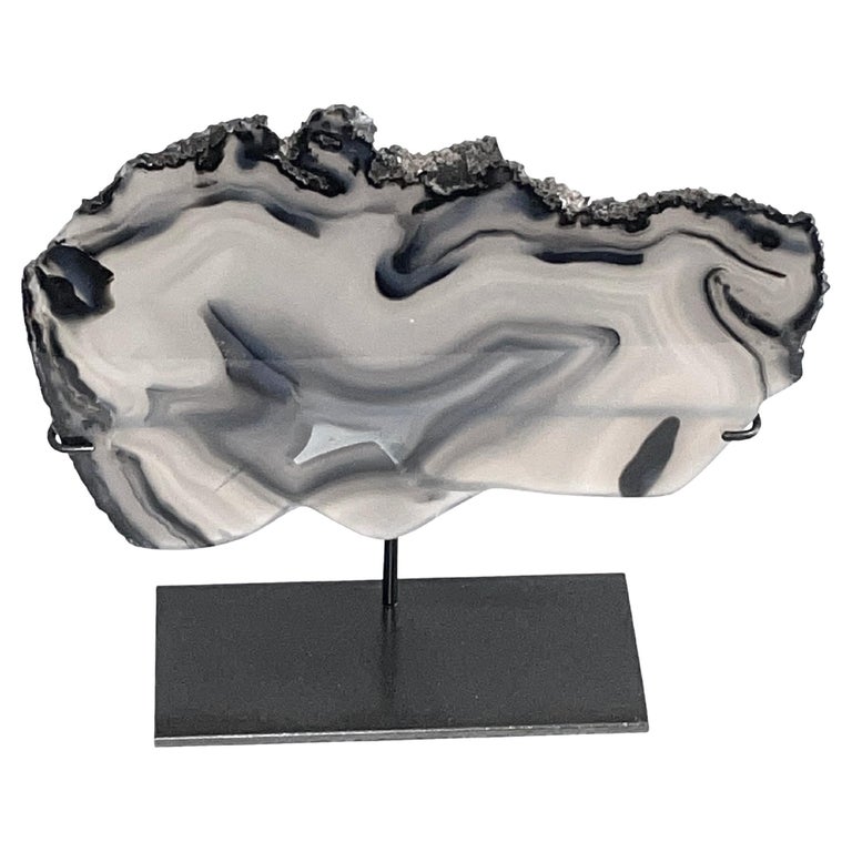 Smoky Grey Thin Slice of Agate Sculpture on Stand, Brazil, Prehistoric For Sale