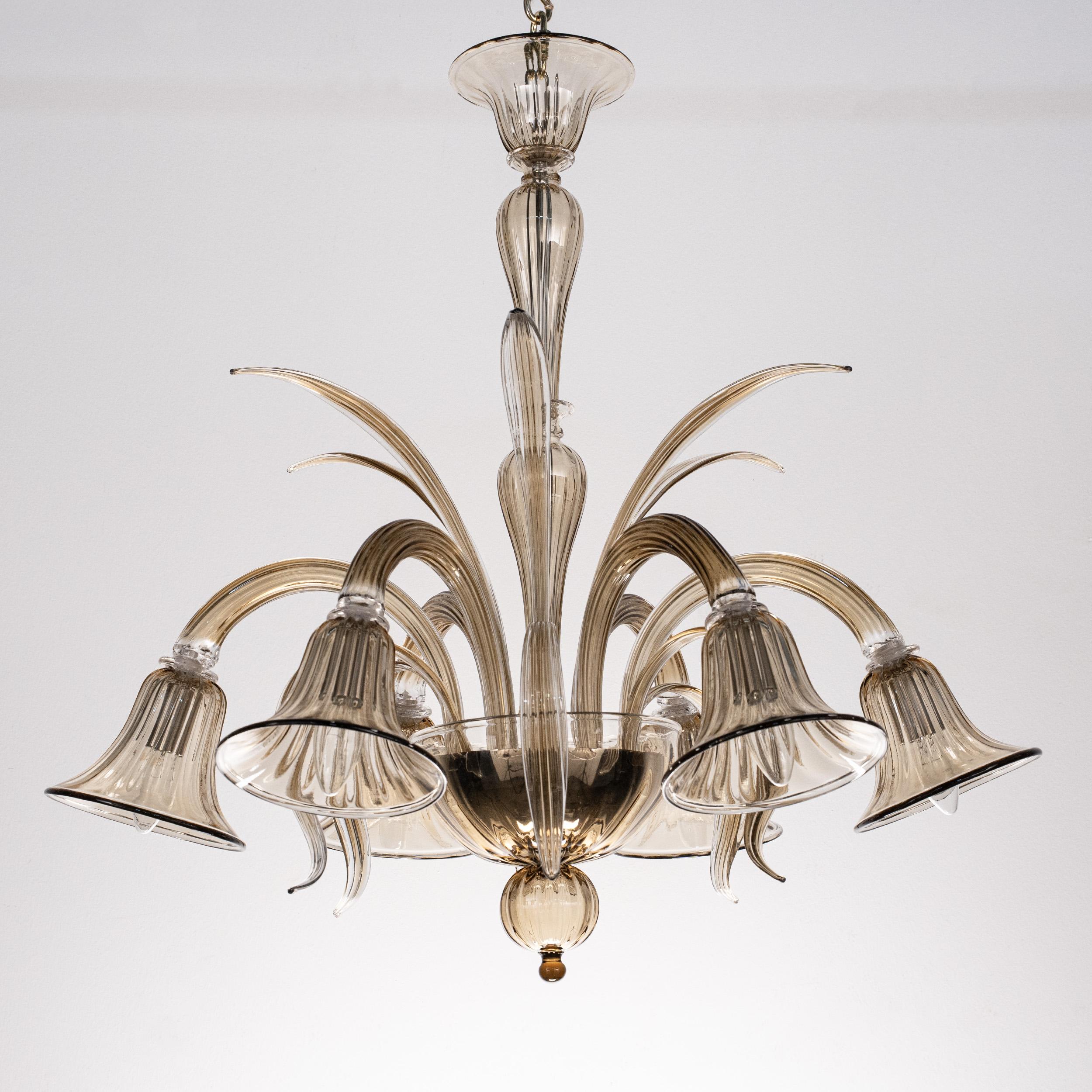 Italian Smoky Murano glass chandelier 6 lights, handmade Vintage Made in Italy in stock For Sale
