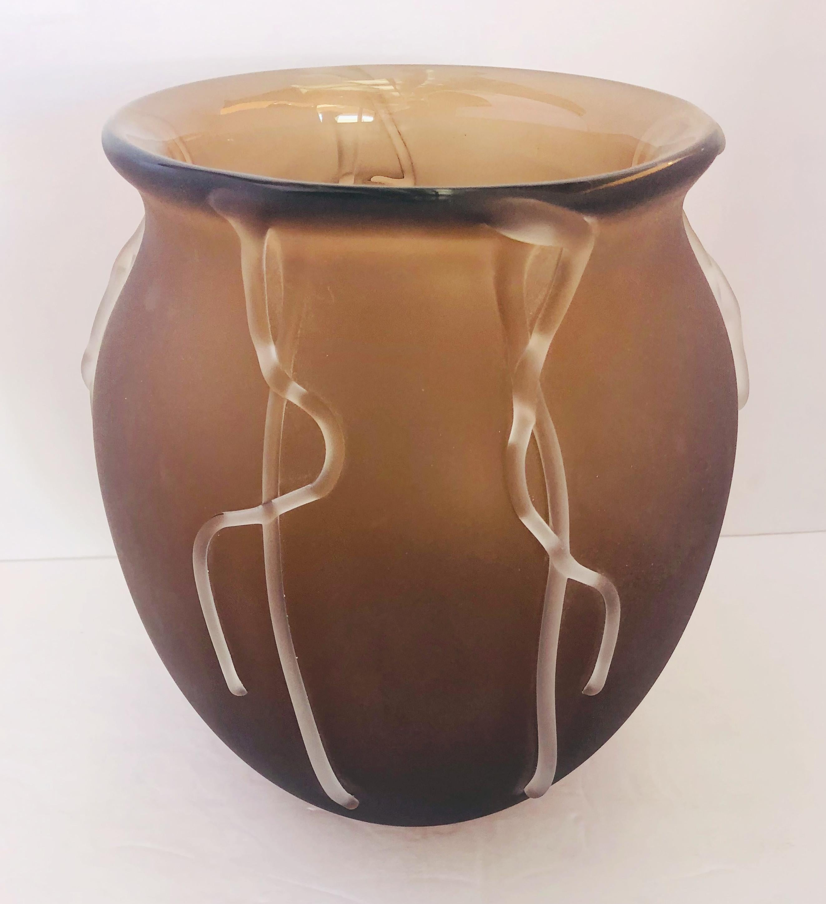 Vintage Italian smoky brown Murano glass vase decorated with clear dripped glass 
Made in Italy circa 1960s
 Height: 11 inches / Diameter: 11 inches 
1 in stock in Palm Springs currently ON 40% OFF SALE for $899 !!
Order Reference #: FABIOLTD