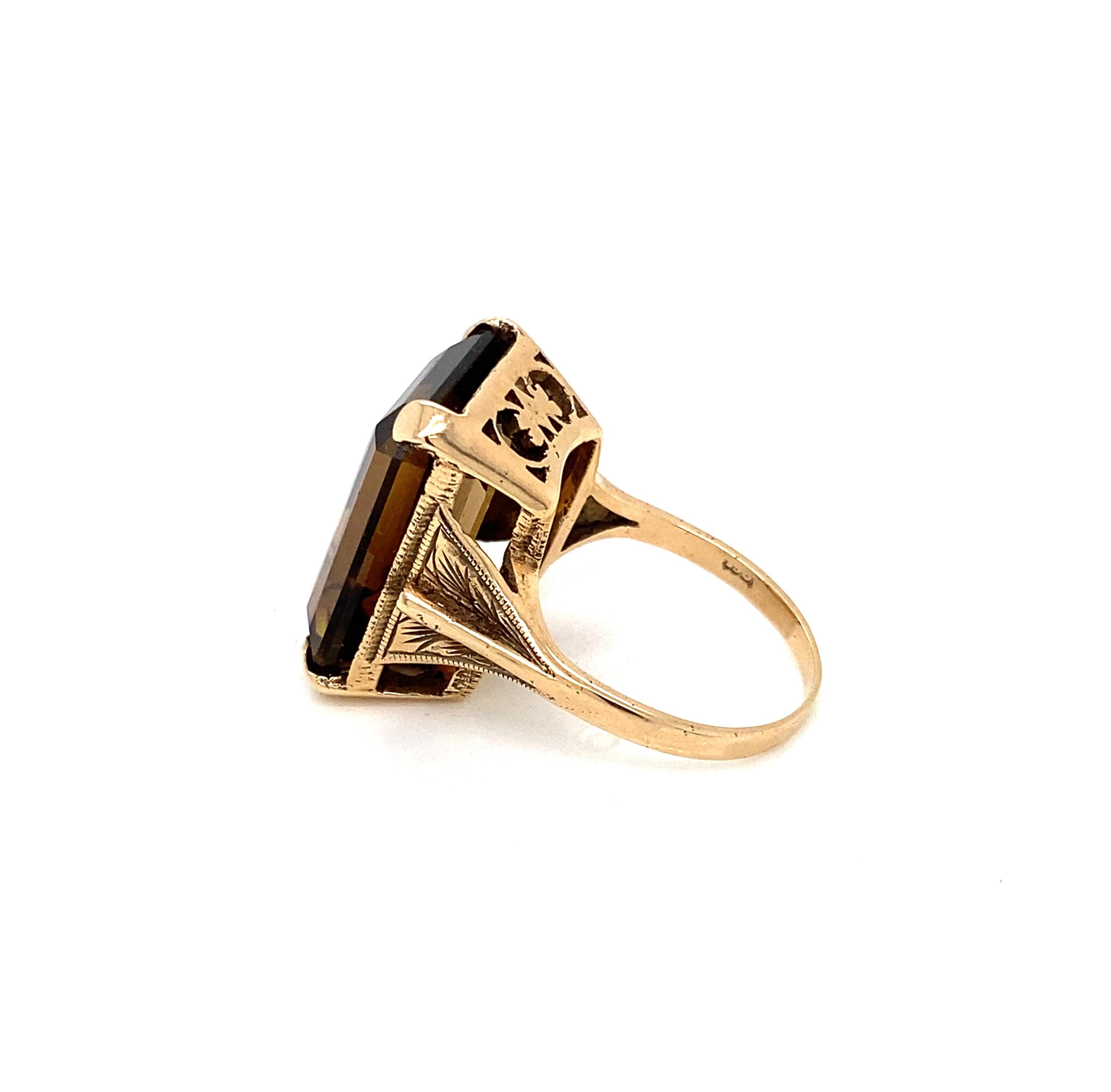Emerald Cut Smoky Quartz and 9 Carat Yellow Gold Vintage Cocktail Ring For Sale