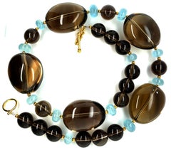 Smoky Quartz, Aquamarine and 18k Yellow Gold Beaded Necklace, 20 Inches