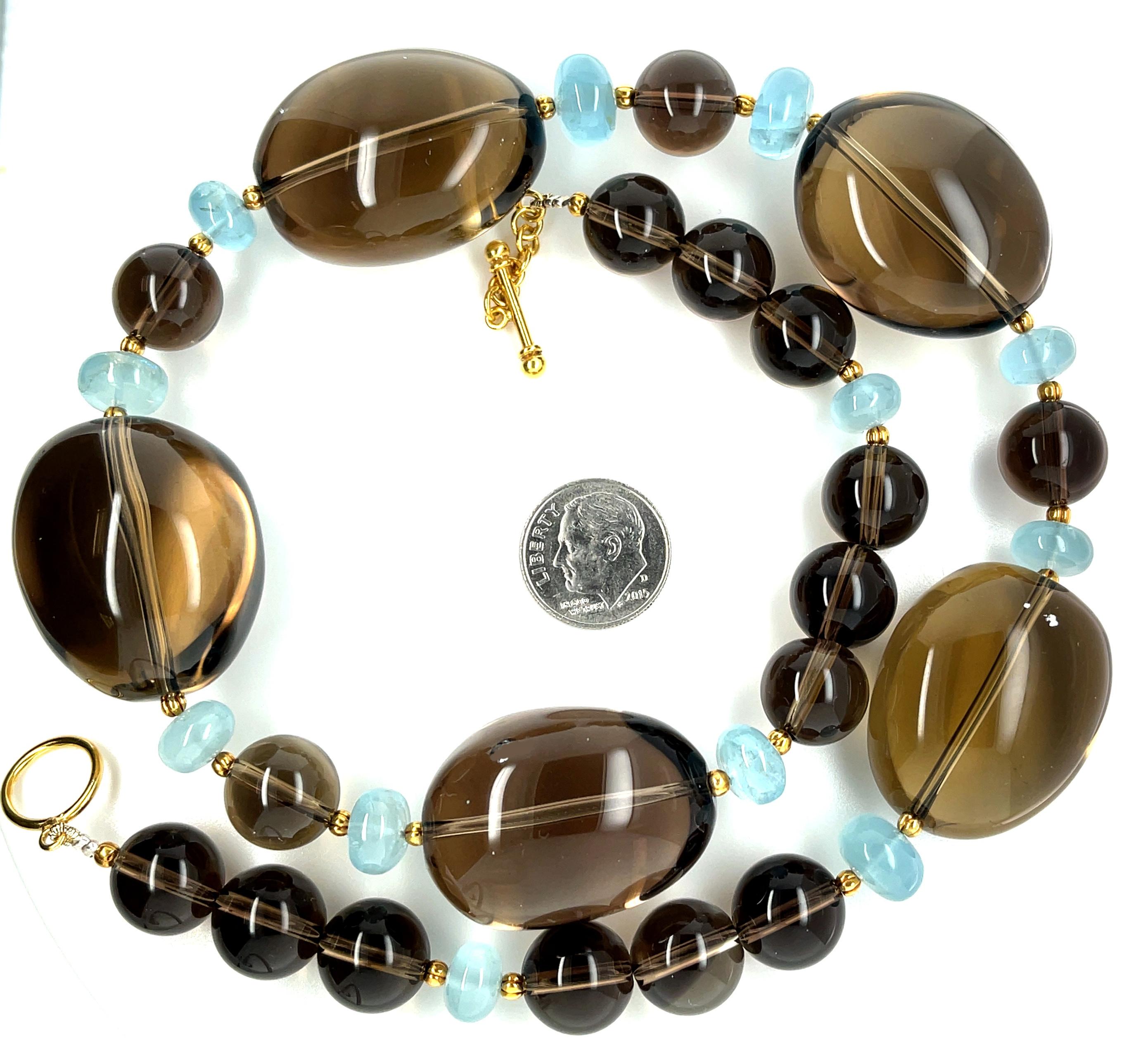 Artisan Smoky Quartz, Aquamarine and 18k Yellow Gold Beaded Necklace, 20 Inches For Sale